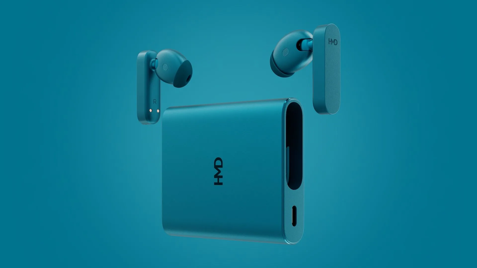Tai nghe không dây HMD Amped Buds màu đen nằm trong hộp sạc hình tròn