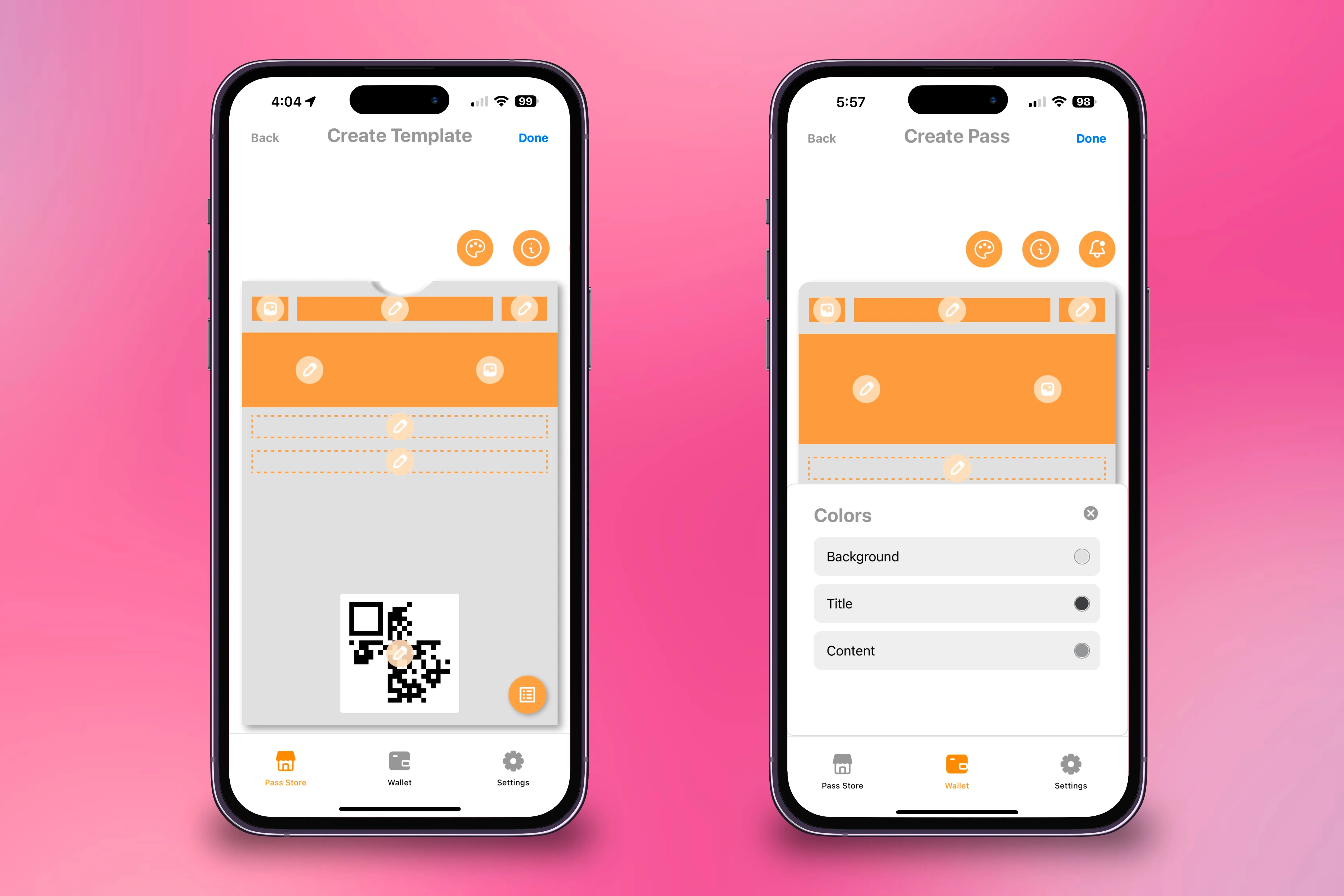 Tạo thẻ tùy chỉnh và điều chỉnh màu sắc trong ứng dụng Pass2U trên hai chiếc iPhone, thể hiện khả năng cá nhân hóa thiết kế thẻ kỹ thuật số.