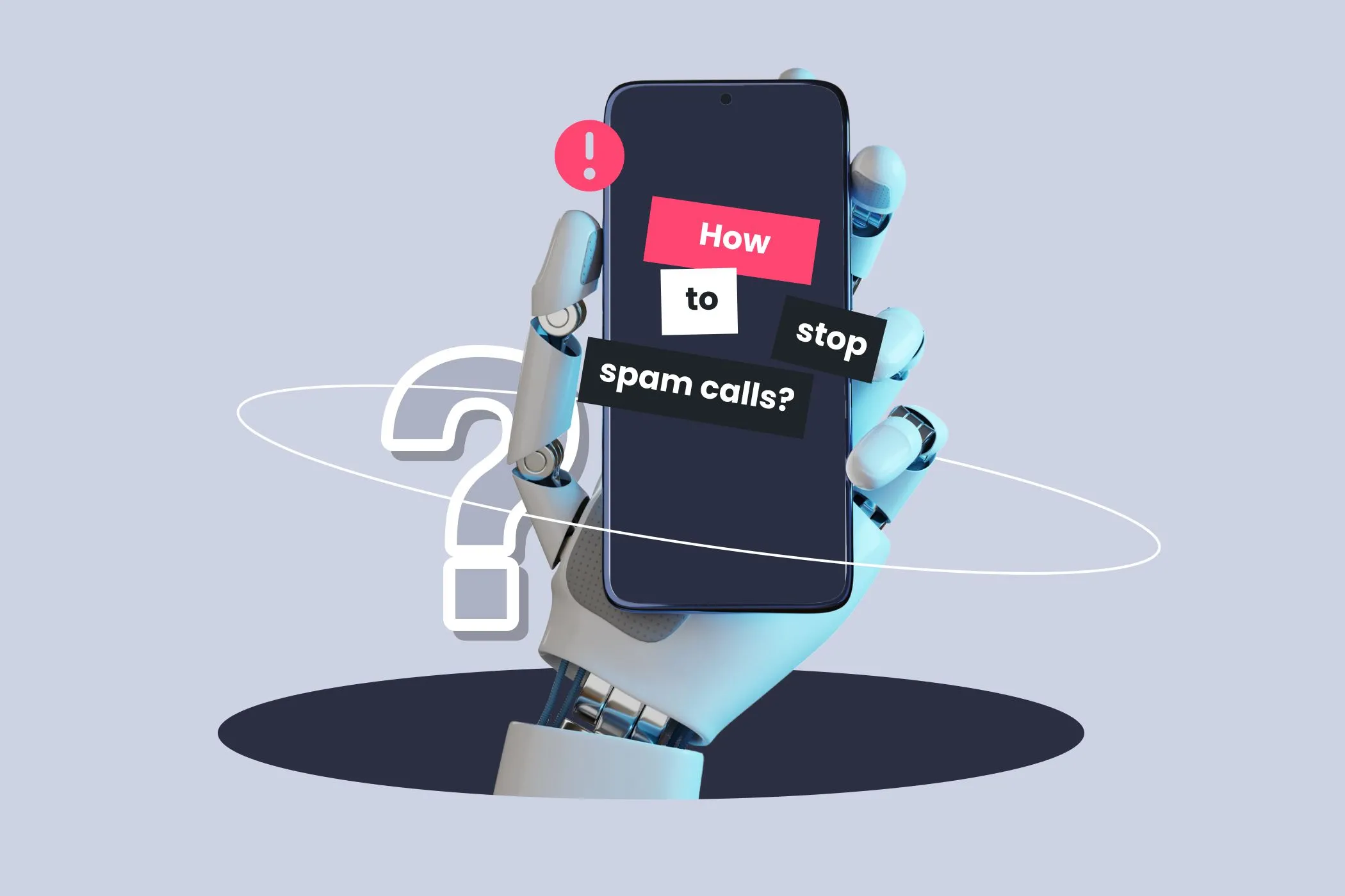 Tay robot cầm điện thoại thông minh, minh họa các tính năng phát hiện và chặn tin nhắn rác, cuộc gọi lừa đảo AI