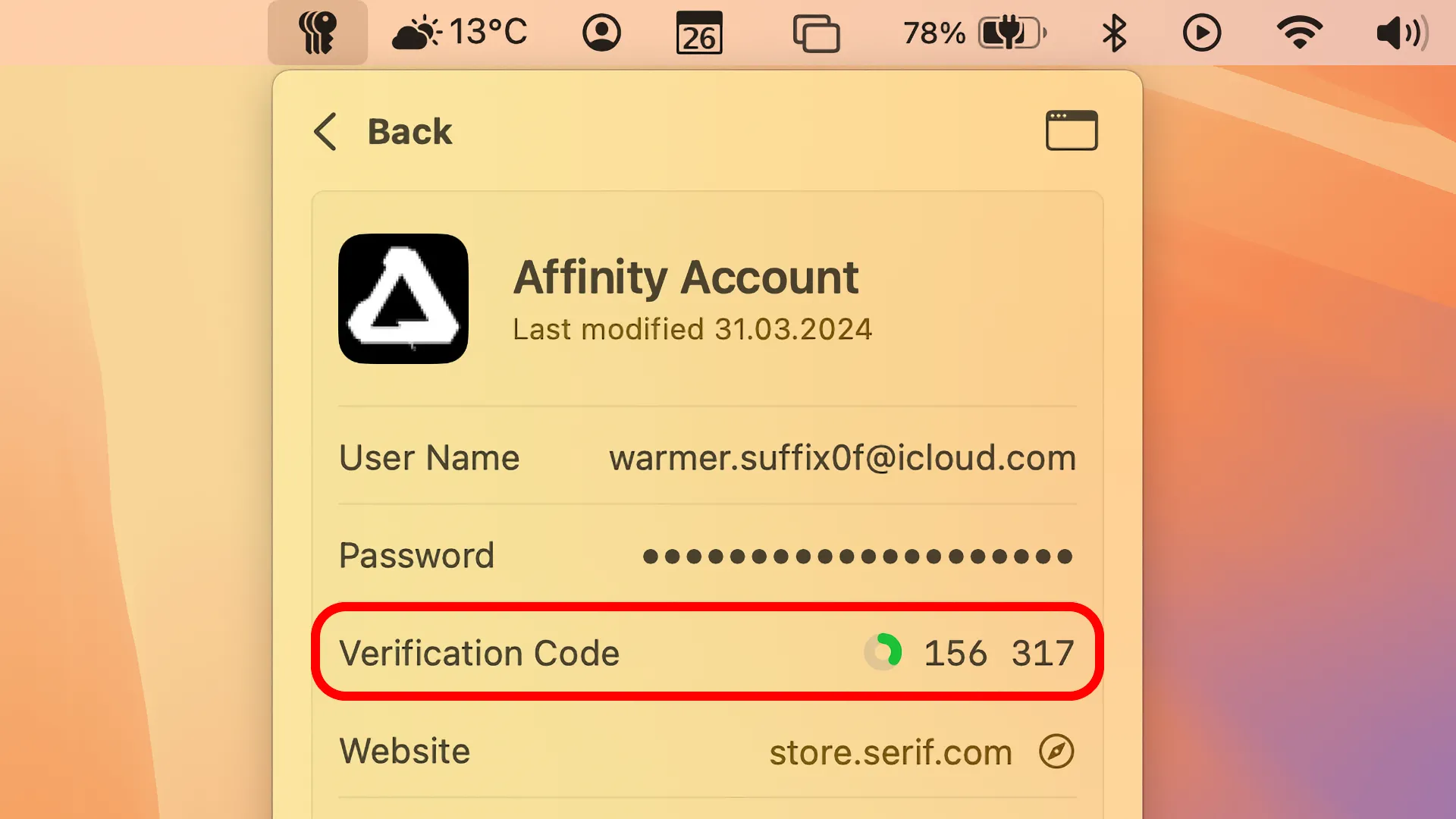 Thanh menu macOS hiển thị ứng dụng Mật khẩu với đồng hồ đếm ngược mã xác thực 2FA