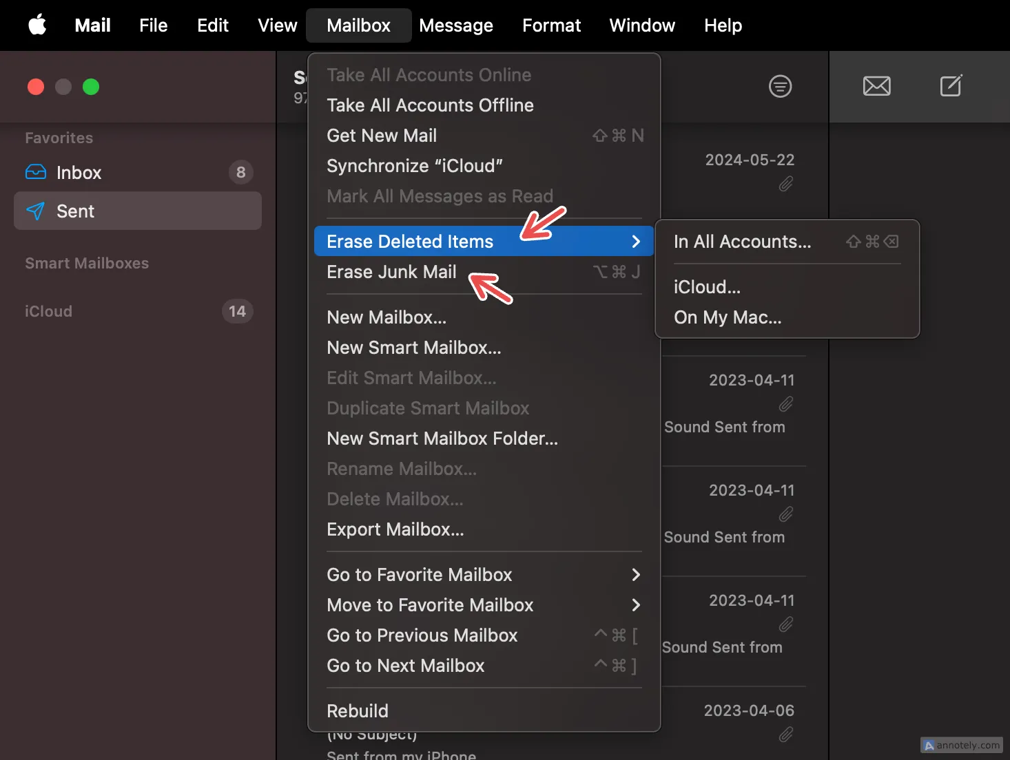 Thao tác xóa thư rác và thư đã xóa vĩnh viễn trong ứng dụng Mail của Mac
