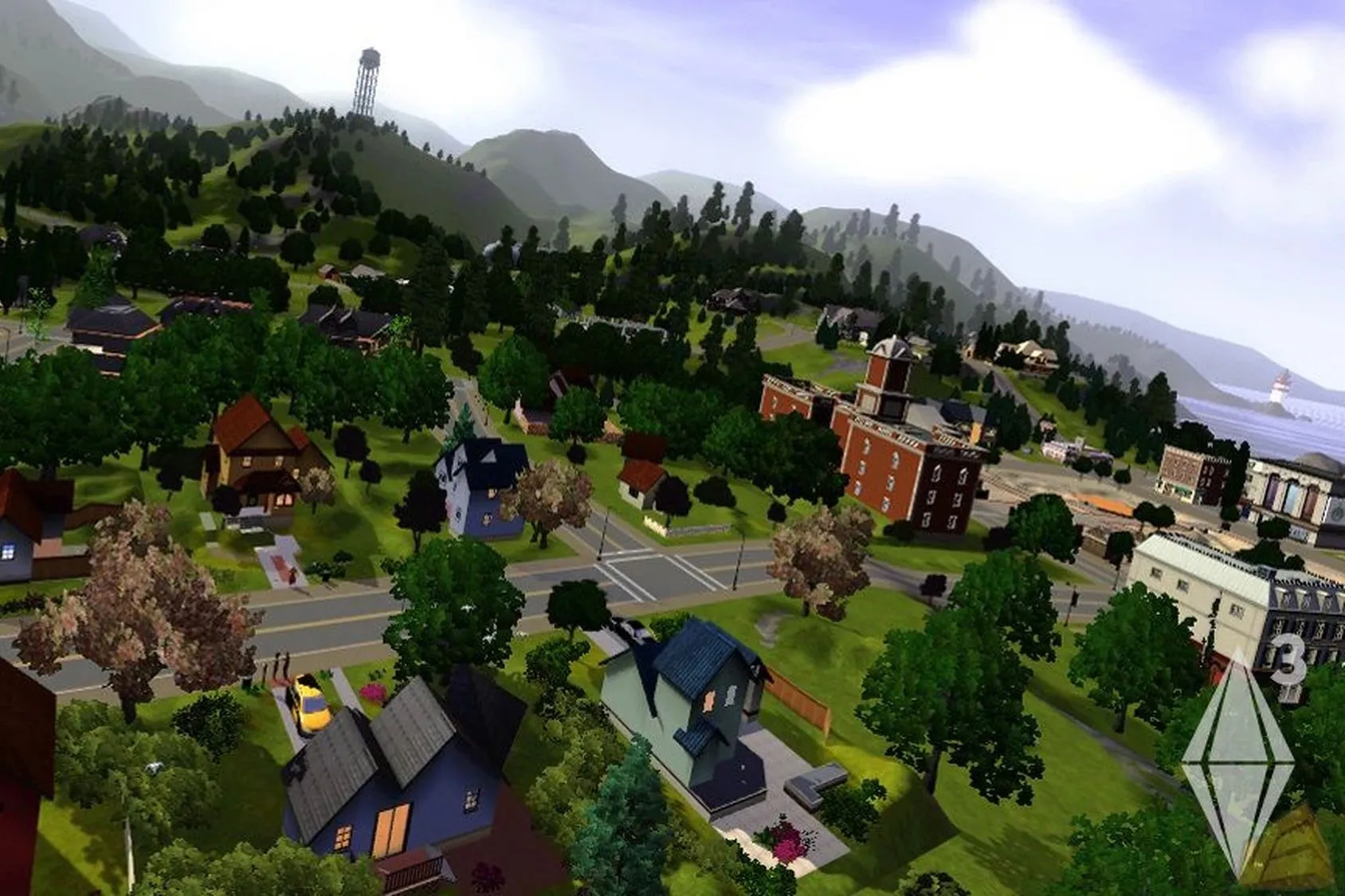 [The Sims 3] Khung cảnh tổng quan thị trấn Sunset Valley trong The Sims 3, minh họa môi trường thế giới mở liền mạch.