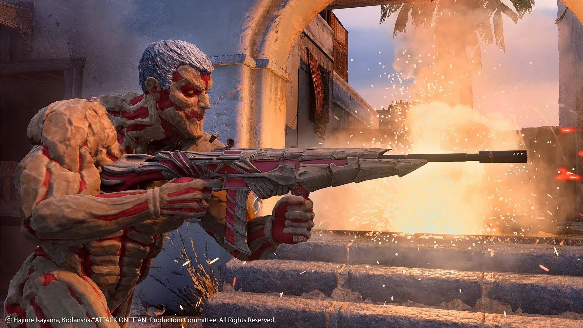Thiết giáp Titan từ Attack on Titan cầm súng trong Call of Duty: Warzone, minh họa một crossover có thể tạo ra sự lệch lạc về phong cách.