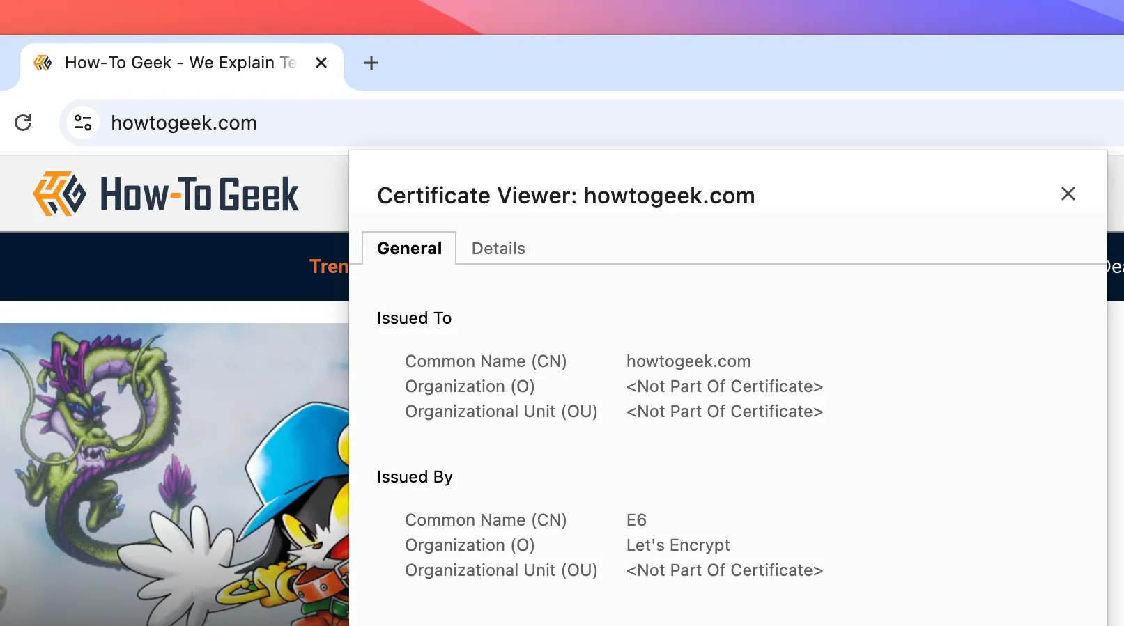 Thông tin chứng chỉ SSL của trang web howtogeek.com, hiển thị trạng thái kết nối an toàn HTTPS