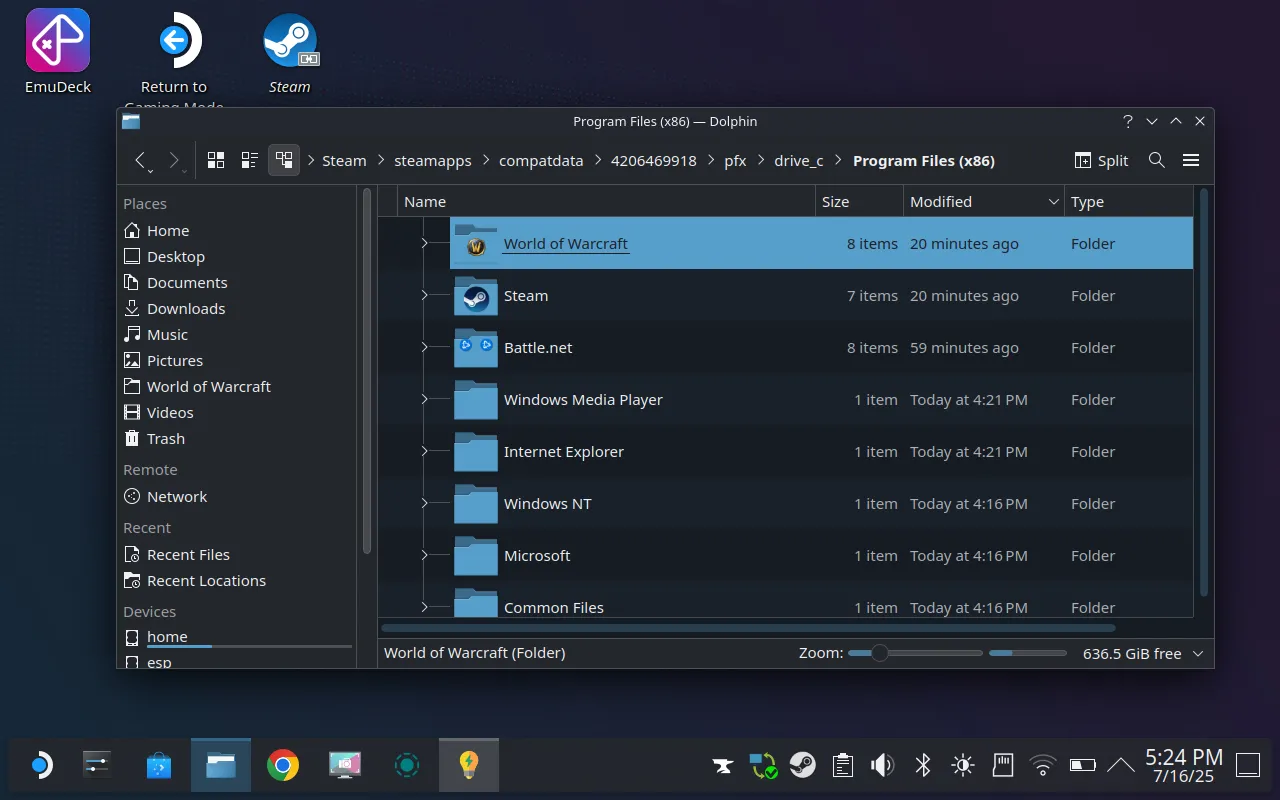 Tìm thư mục cài đặt World of Warcraft trong Dolphin file manager của SteamOS.