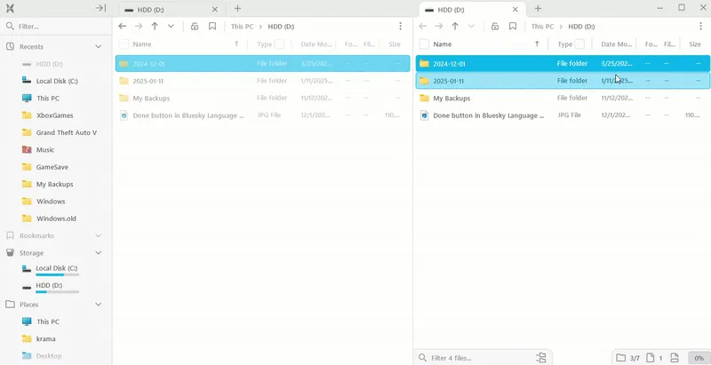 Tính năng chia đôi màn hình (Split View) của File Pilot, cho phép người dùng xem và quản lý nội dung hai thư mục cùng lúc để tăng hiệu suất.
