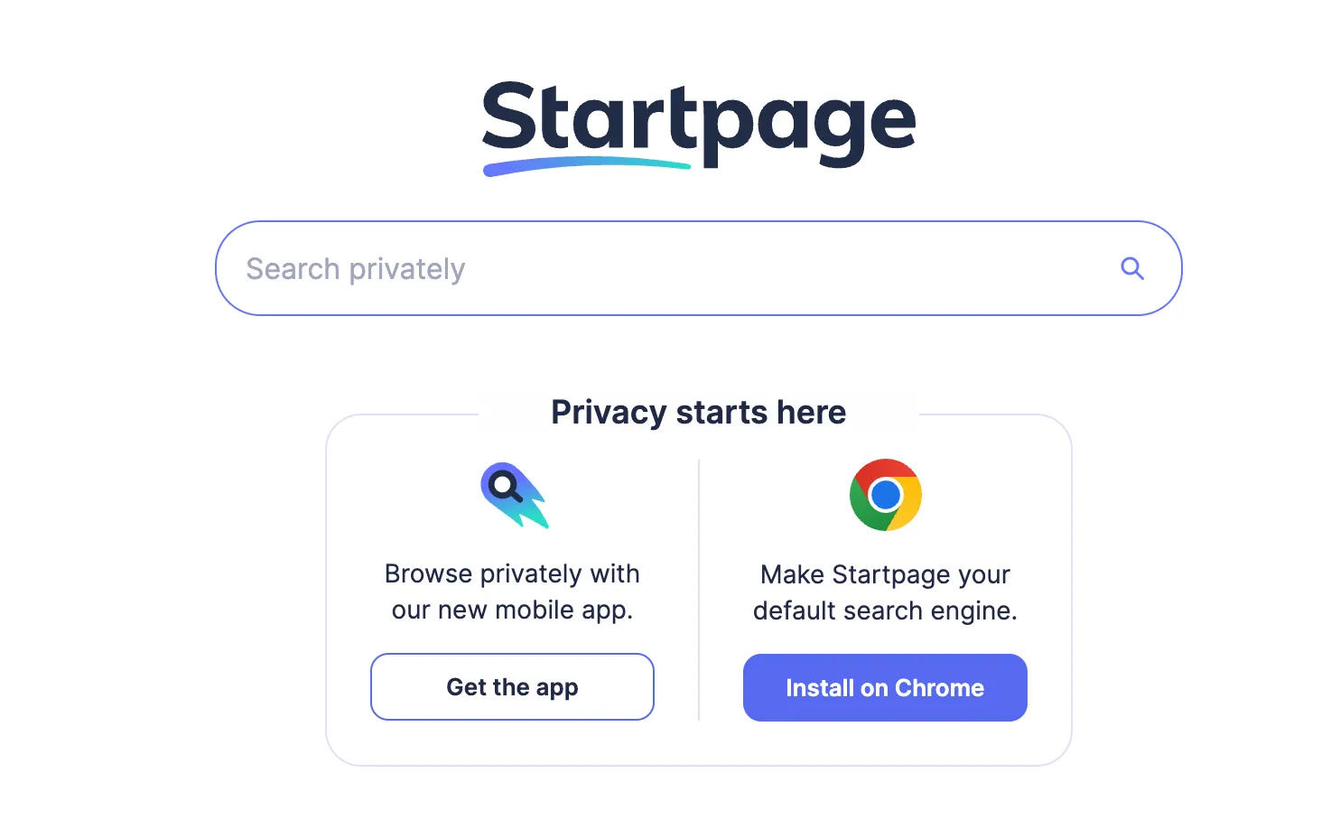 Trang chủ của công cụ tìm kiếm Startpage với giao diện đơn giản, nhấn mạnh vào khả năng tìm kiếm riêng tư và bảo vệ dữ liệu người dùng.