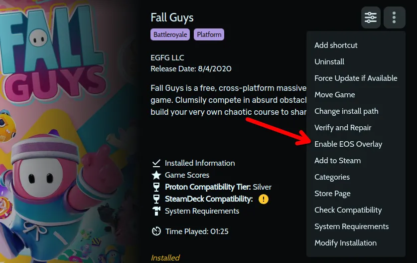 Trang khởi chạy Fall Guys trong Heroic Games Launcher với mũi tên chỉ vào tùy chọn 'Enable EOS Overlay'.