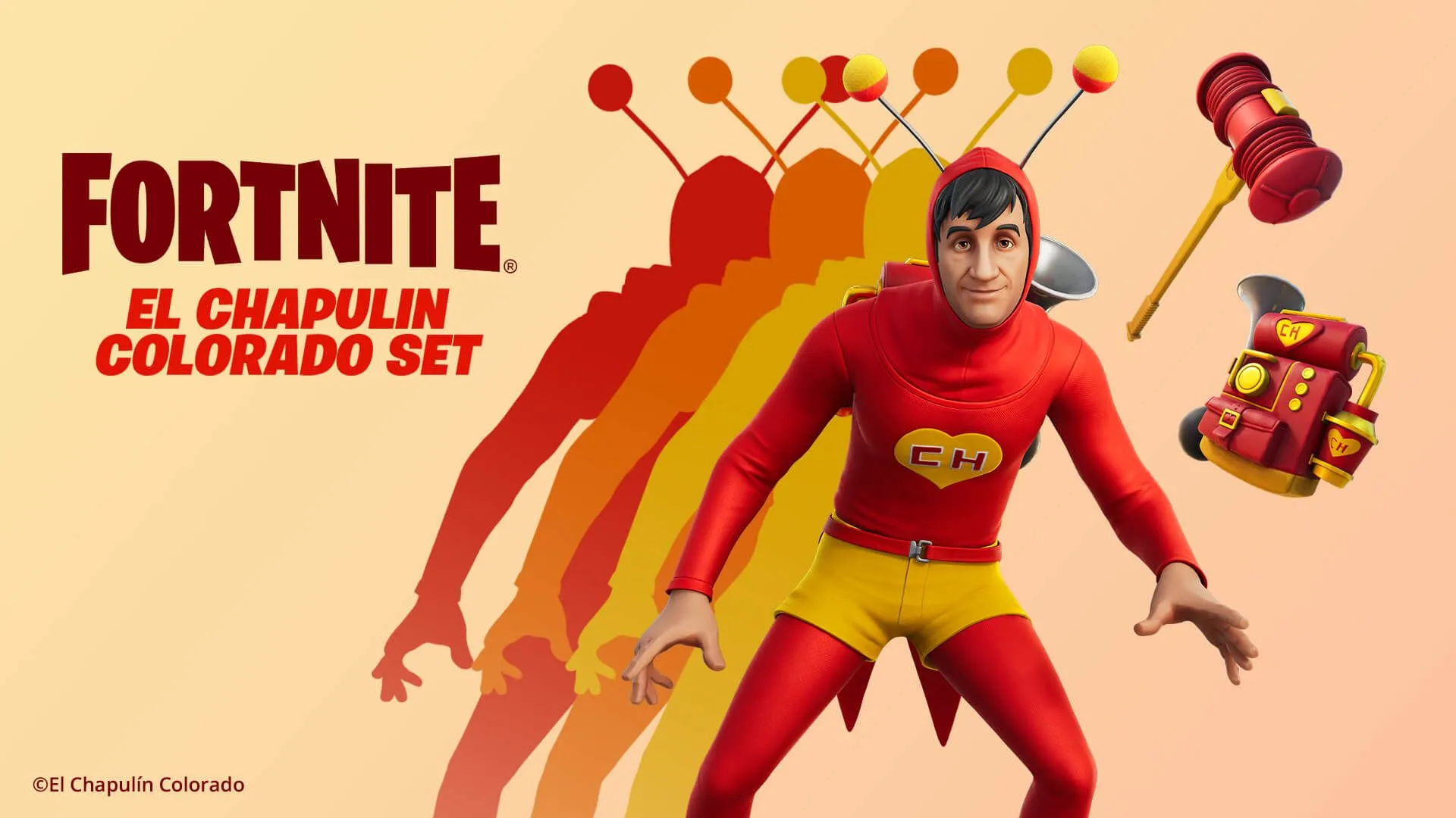 Trang phục El Chapulín Colorado trong Fortnite, một ví dụ điển hình về sự kết hợp đa dạng các thương hiệu trong game.