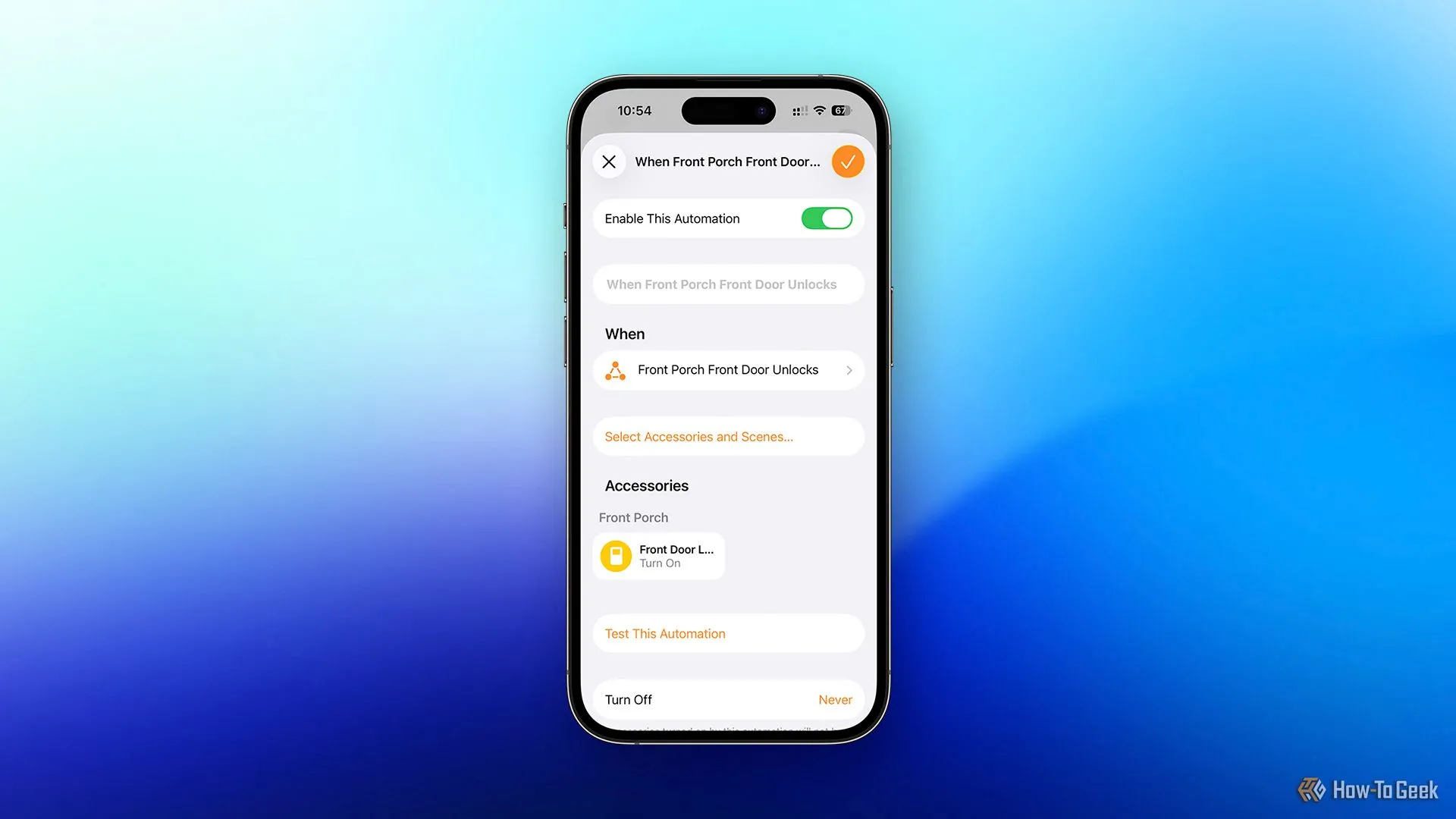 Tự động hóa HomeKit bật công tắc ảo khi cửa được mở khóa.