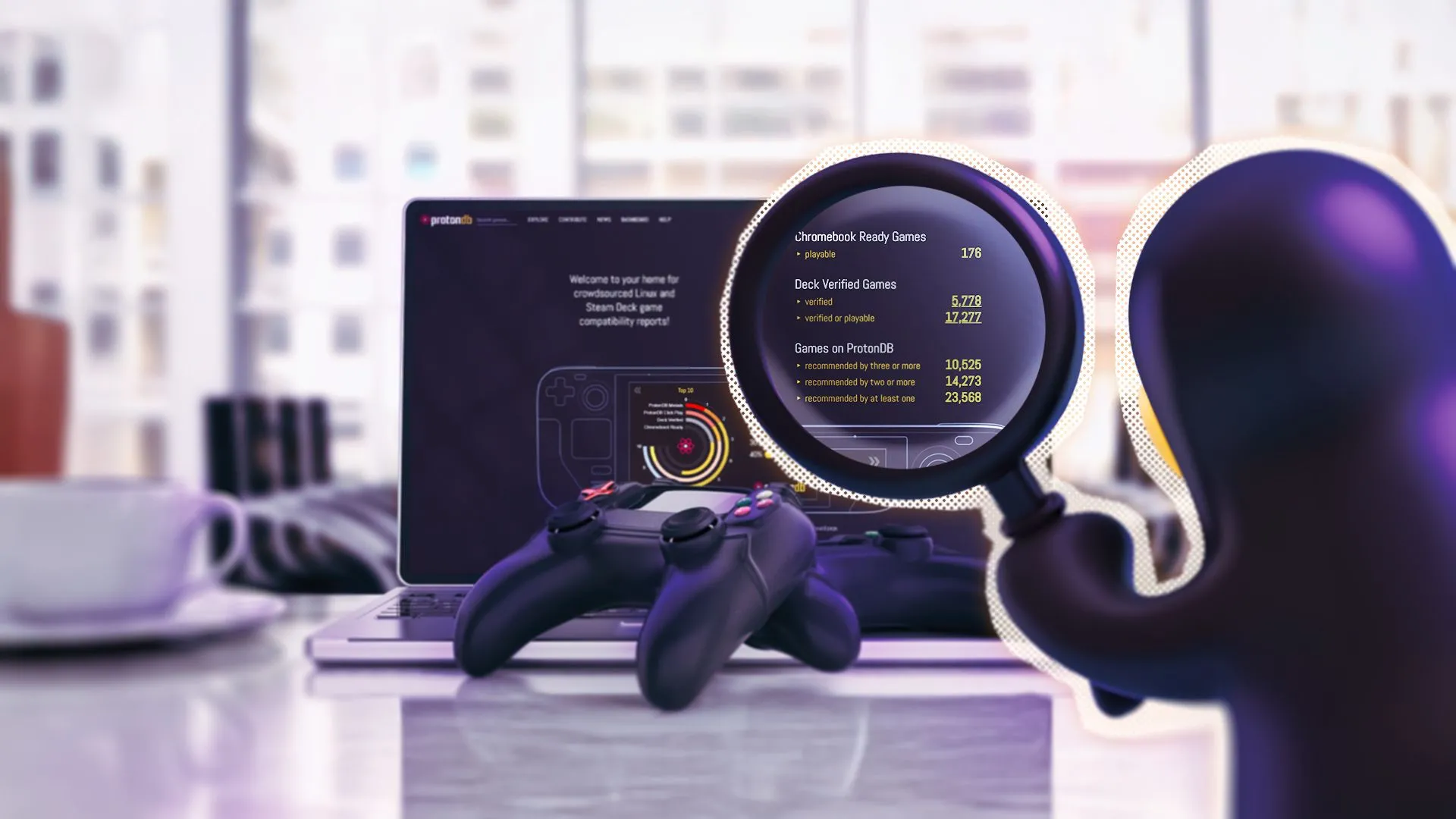 Tux, linh vật Linux, với kính lúp đang xem xét laptop, tượng trưng cho việc kiểm tra khả năng tương thích game trên Linux.