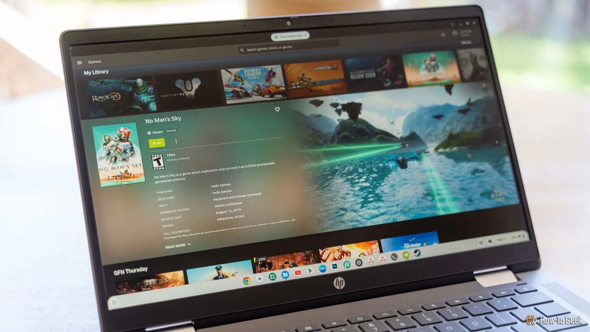 Ứng dụng NVIDIA GeForce NOW đang mở trên một chiếc HP Chromebook Plus, hiển thị giao diện trò chơi No Man's Sky, minh chứng cho khả năng chơi game AAA trên nền tảng đám mây.