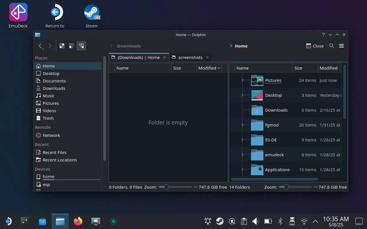 Ứng dụng quản lý tệp Dolphin của SteamOS hiển thị ở chế độ chia đôi màn hình, giúp người dùng dễ dàng quản lý, di chuyển và sao chép tệp tin trên Steam Deck.