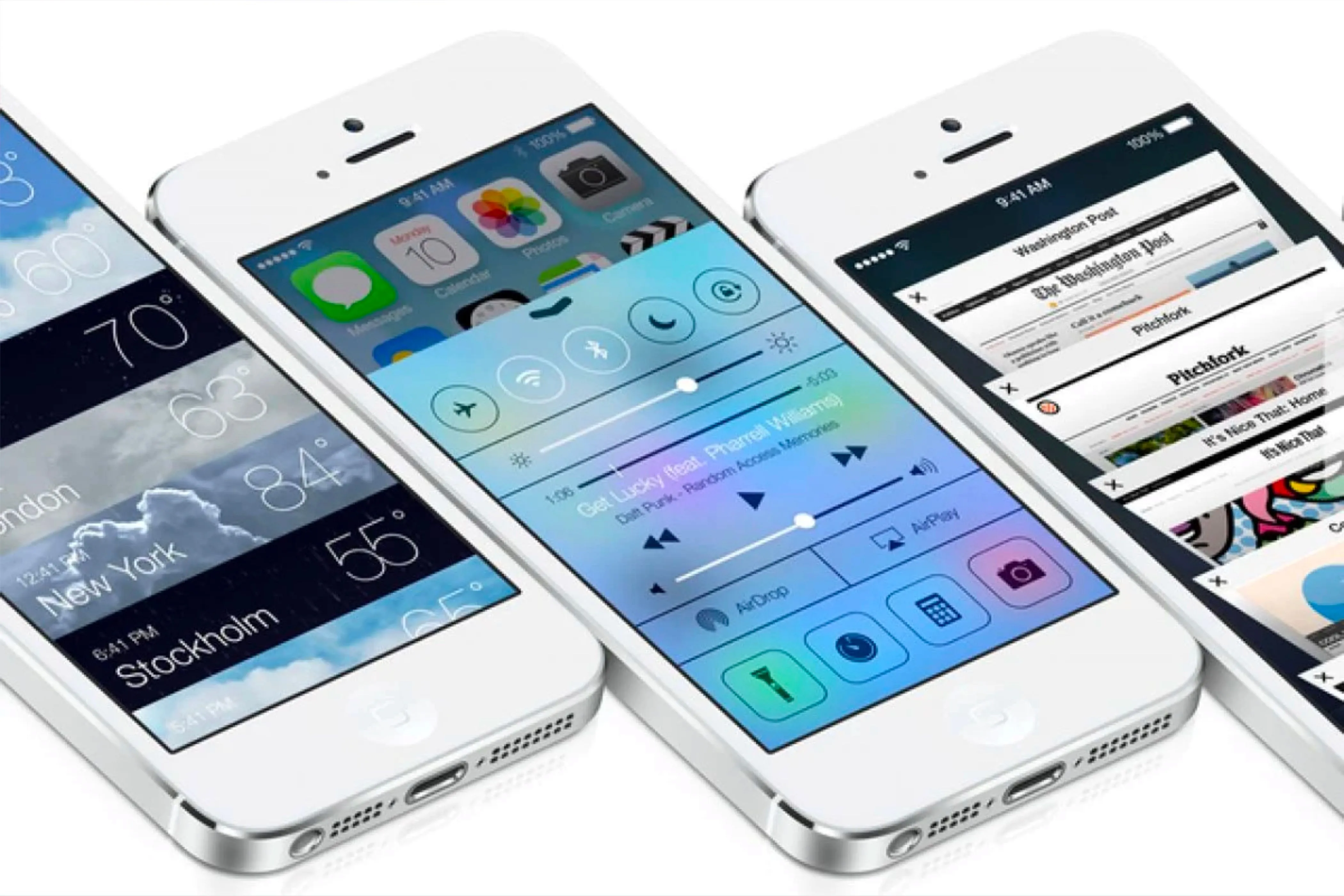 Ứng dụng Thời tiết và Safari cùng Trung tâm điều khiển (Control Center) trên iPhone chạy iOS 7