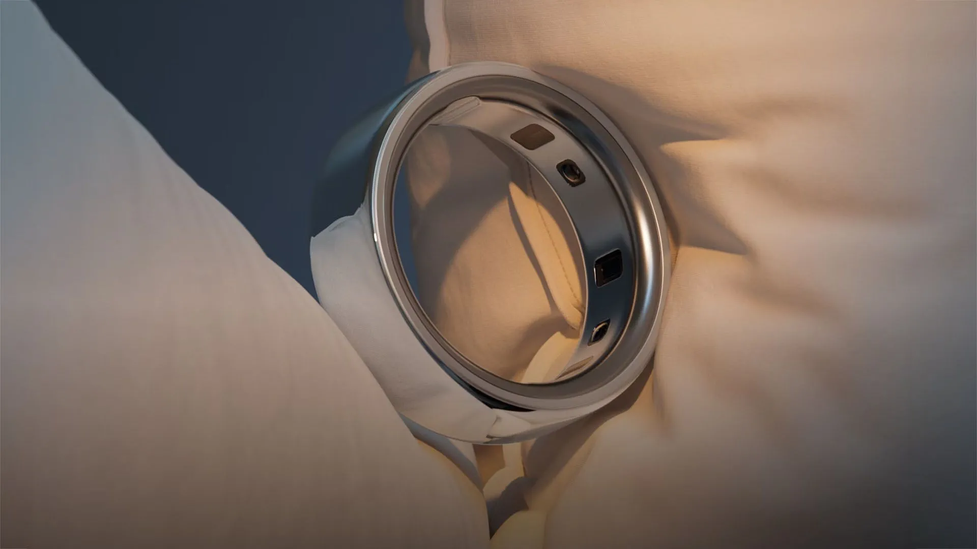 Vòng Oura Ring đặt trên gối, minh họa thiết bị theo dõi giấc ngủ có thể tích hợp với ứng dụng Rise