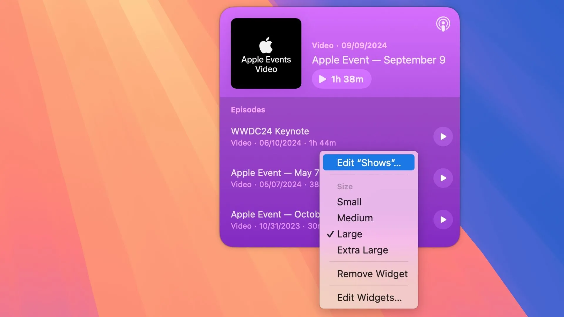 Widget Podcast của Apple trên màn hình macOS, hiển thị menu ngữ cảnh với tùy chọn Chỉnh sửa Widget được chọn