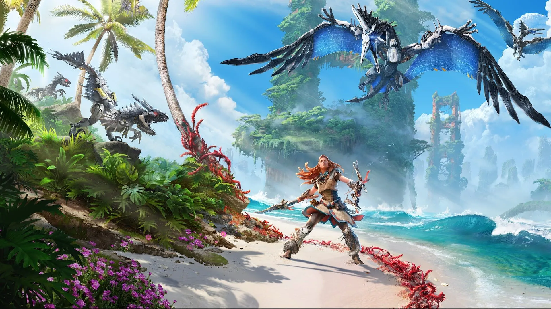 Aloy đối mặt với khủng long robot trong game Horizon Forbidden West.