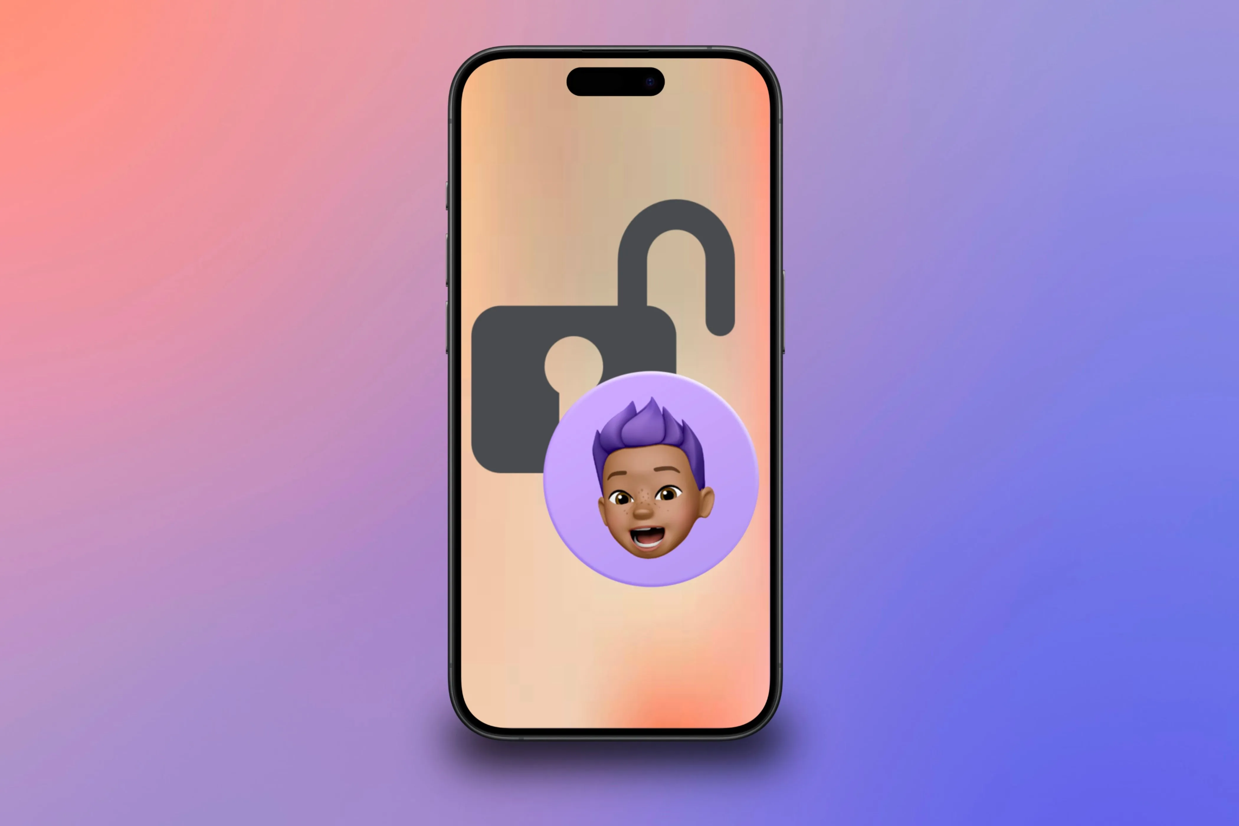 An iPhone in front of a colorful background showcasing a Memoji of a child in front of an unlocked icon.