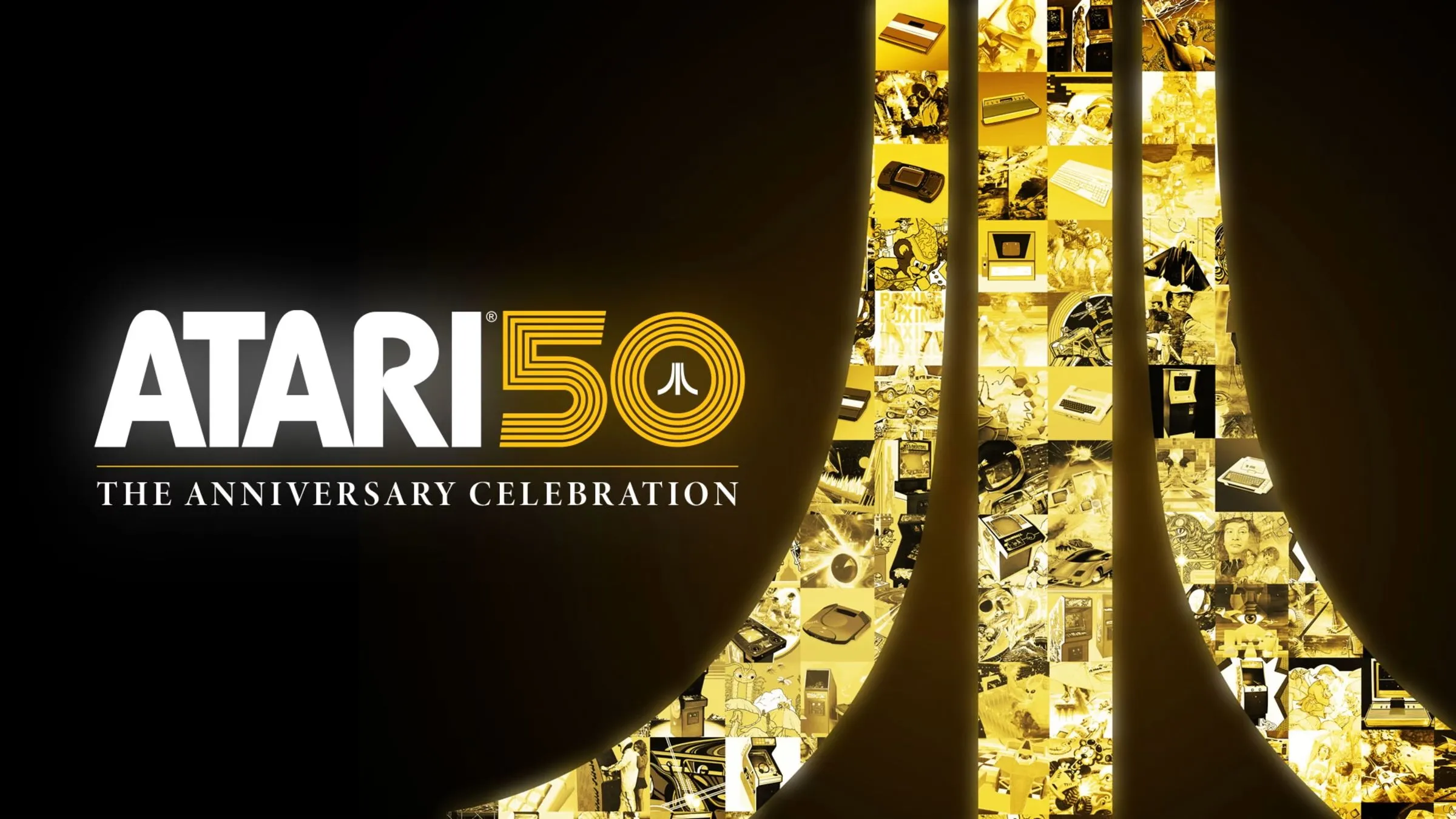 Ảnh bìa chính của Atari 50: The Anniversary Celebration, với biểu tượng Atari đặc trưng và các game cổ điển