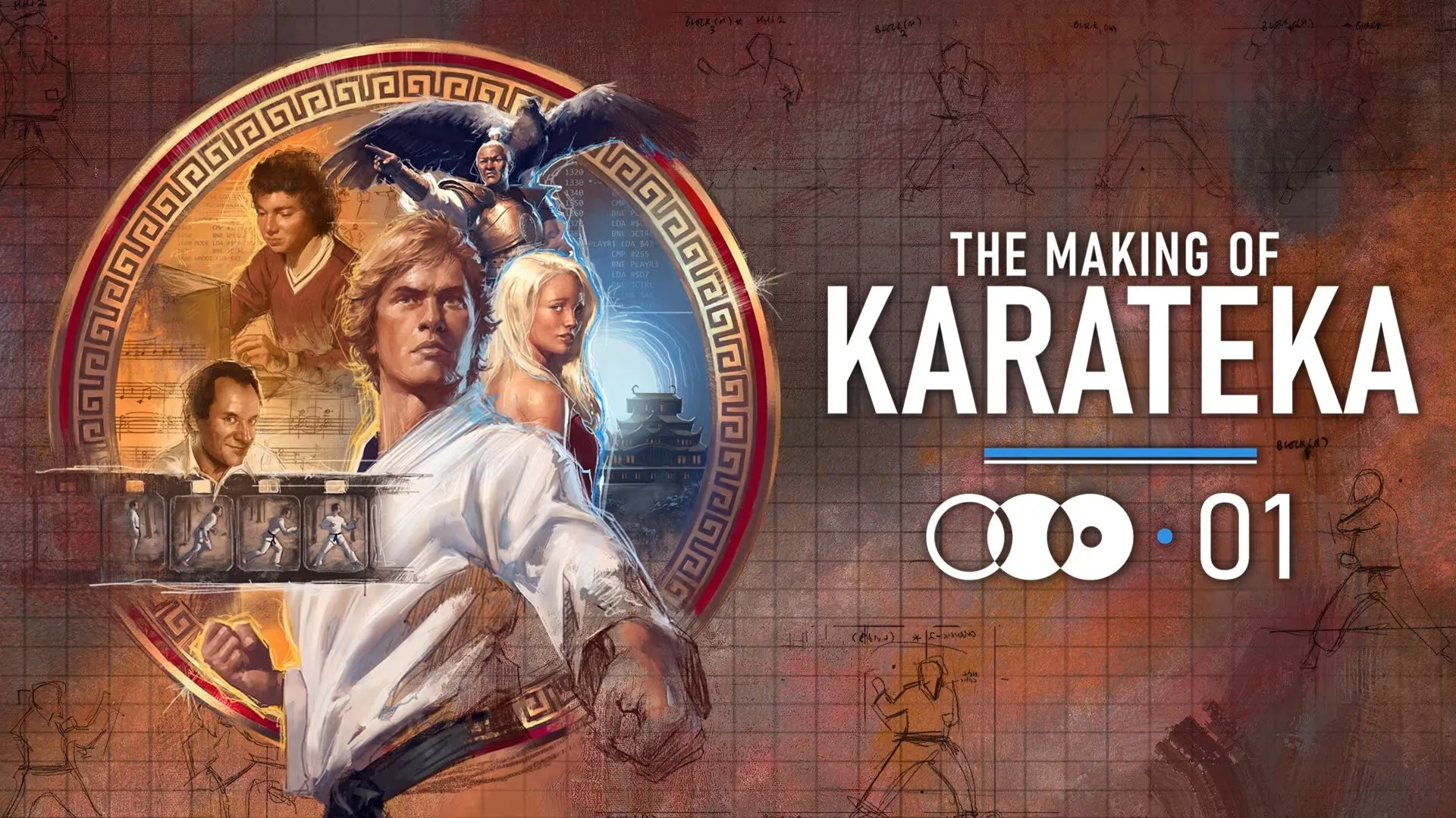 Ảnh bìa chính của The Making of Karateka, thể hiện hình ảnh nhân vật võ sĩ cổ điển