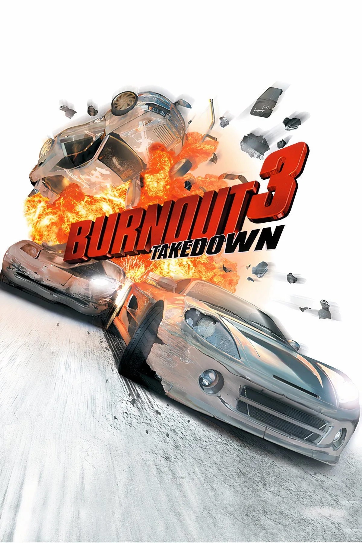 Ảnh bìa game Burnout 3 Takedown với cảnh va chạm xe hoành tráng