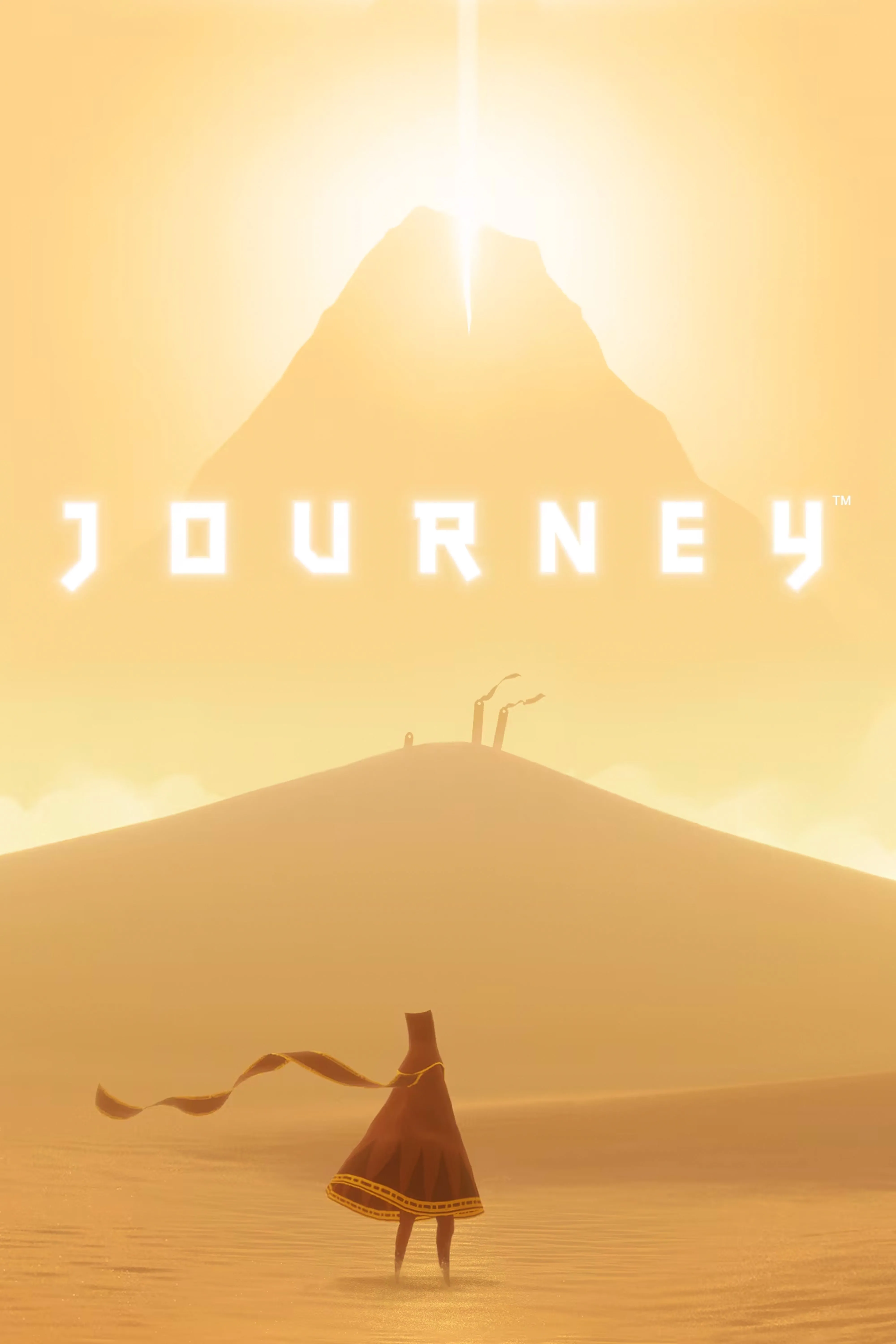 Ảnh bìa game Journey, với nhân vật khoác áo choàng đỏ đang đứng giữa sa mạc hướng về một ngọn núi lớn phát sáng.