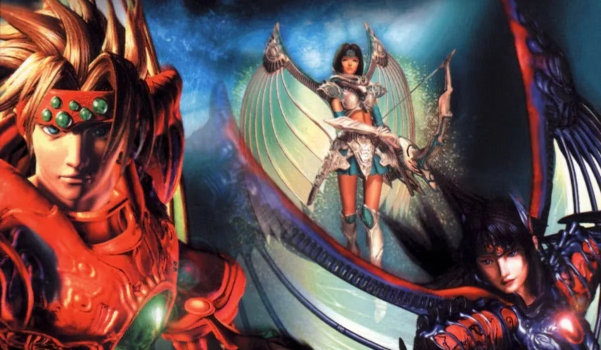 Ảnh bìa game JRPG kinh điển The Legend of Dragoon, với các nhân vật chính và thiết kế rồng ấn tượng.