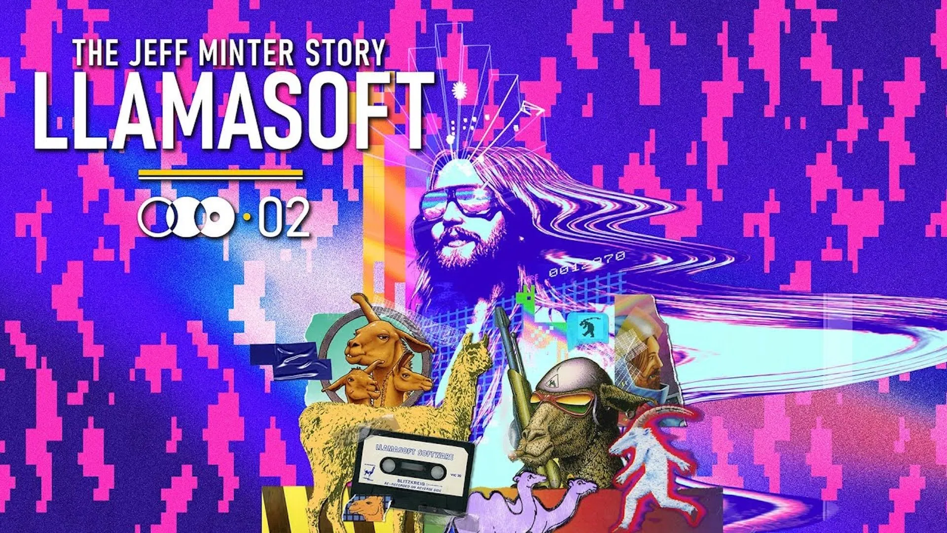 Ảnh bìa game Llamasoft: The Jeff Minter Story, với hình ảnh nhân vật kỳ quái và màu sắc ảo giác