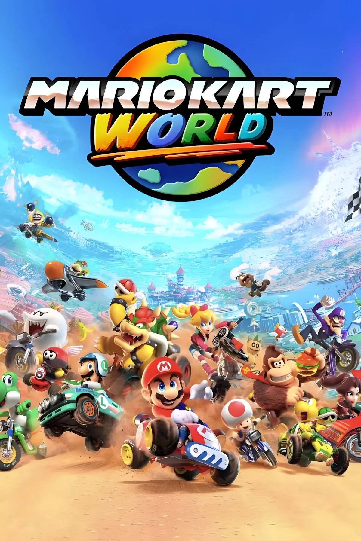 Ảnh bìa game Mario Kart World, các nhân vật của Nintendo đang đua trên một đường đua đầy màu sắc và sống động.