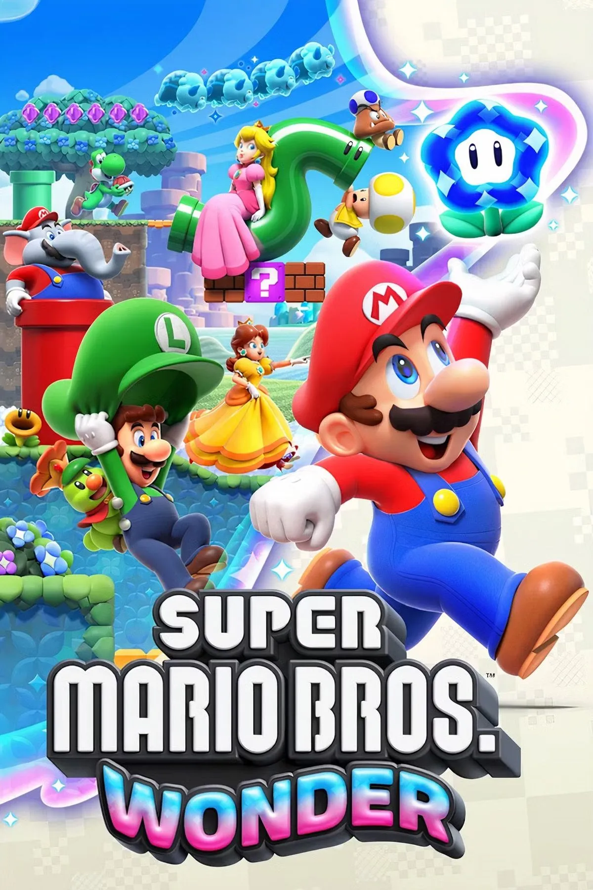 Ảnh bìa game Super Mario Bros. Wonder với các nhân vật Mario, Luigi, Peach, Daisy và Toad đang nhảy múa vui vẻ.