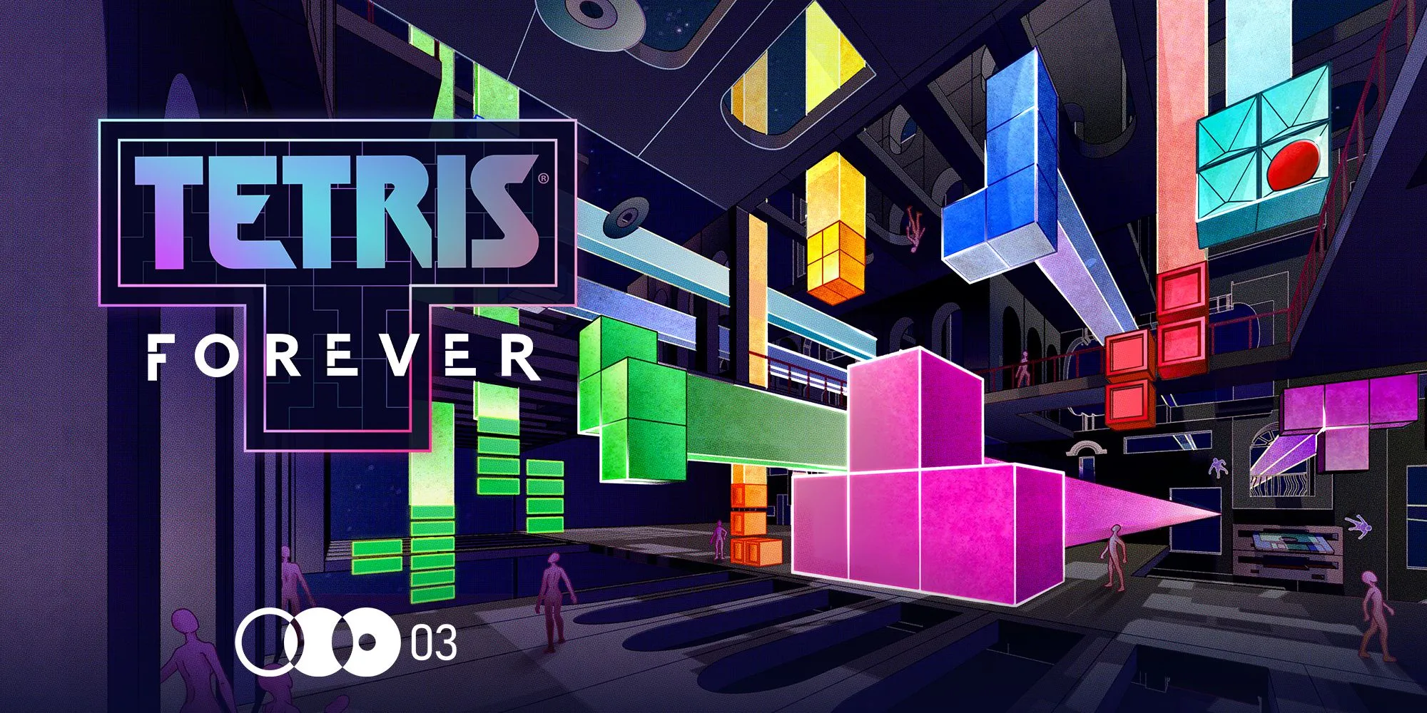 Ảnh bìa game Tetris Forever, với các khối Tetrimino và phông nền mang đậm chất tương lai