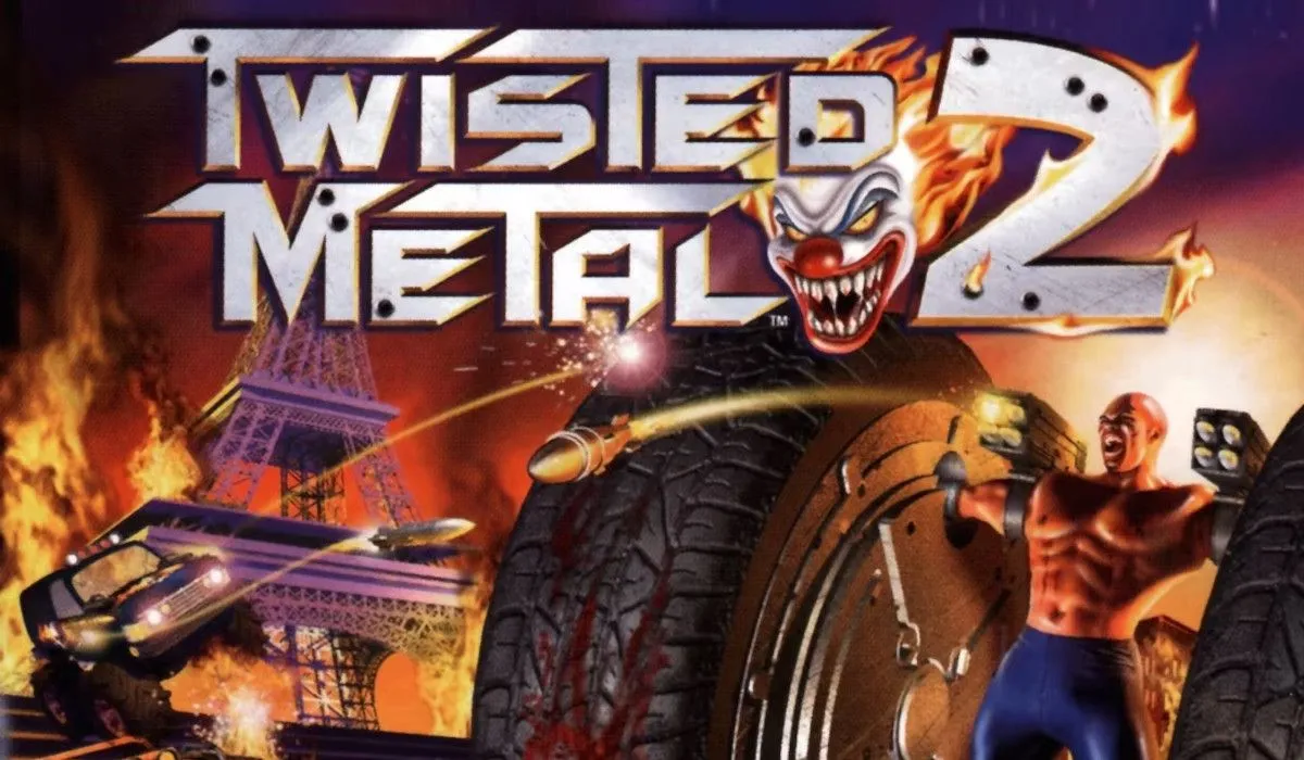 Ảnh bìa game Twisted Metal 2, thể hiện cảnh chiến đấu xe cộ hỗn loạn với các nhân vật và phương tiện đặc trưng.