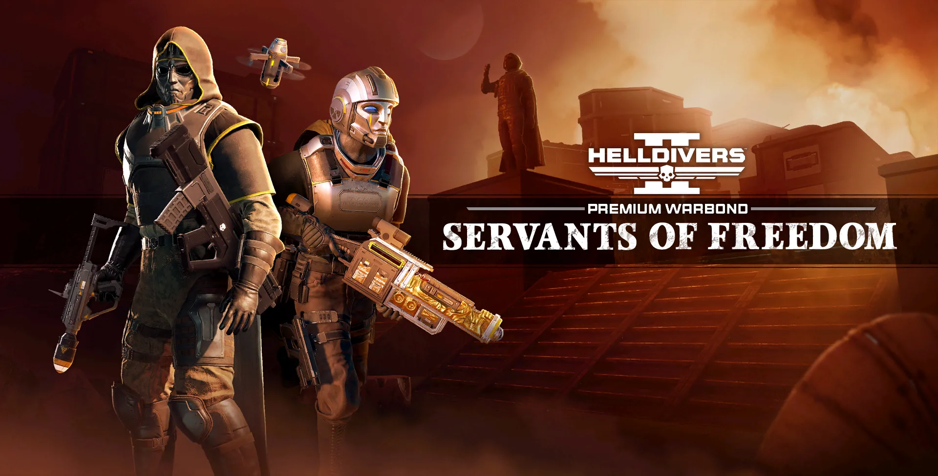 Ảnh bìa Warbond Servants of Freedom của Helldivers 2, nhấn mạnh các công cụ phá hủy lớn.