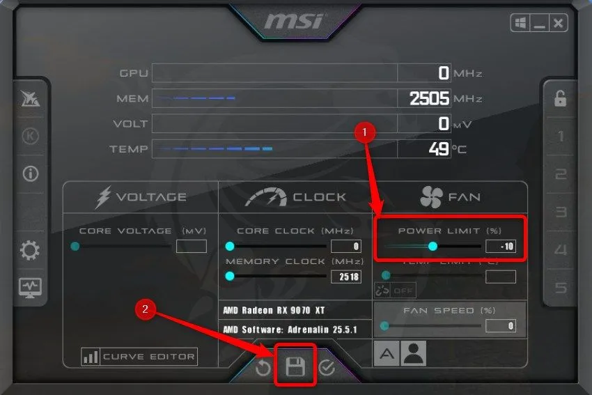 Ảnh chụp màn hình cài đặt trong MSI Afterburner hiển thị thanh trượt &quot;Power Limit&quot;, cho phép người dùng giới hạn công suất tiêu thụ của card đồ họa NVIDIA.