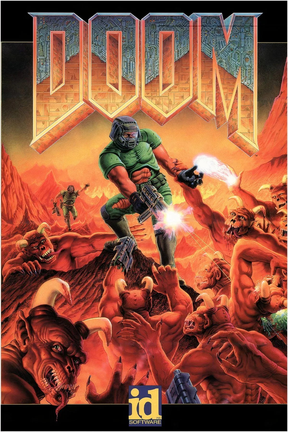 Ảnh chụp màn hình game Doom cổ điển với góc nhìn thứ nhất và giao diện HUD đặc trưng