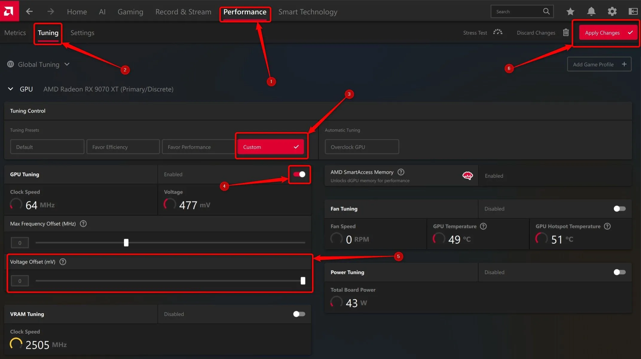 Ảnh chụp màn hình giao diện &quot;Tuning&quot; trong AMD Software: Adrenalin Edition, hiển thị các tùy chọn điều chỉnh hiệu suất và voltage cho card đồ họa AMD.