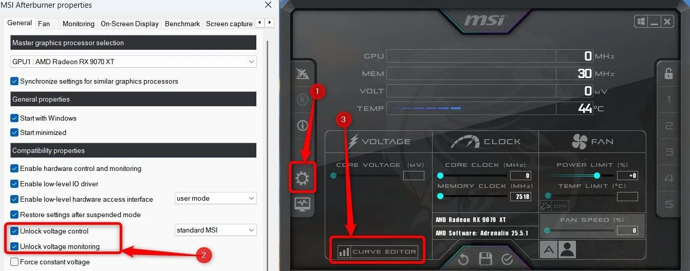 Ảnh chụp màn hình menu cài đặt của MSI Afterburner, làm nổi bật các tùy chọn &quot;Unlock Voltage Control&quot; và &quot;Unlock Voltage Monitoring&quot; cần thiết để undervolt GPU NVIDIA.