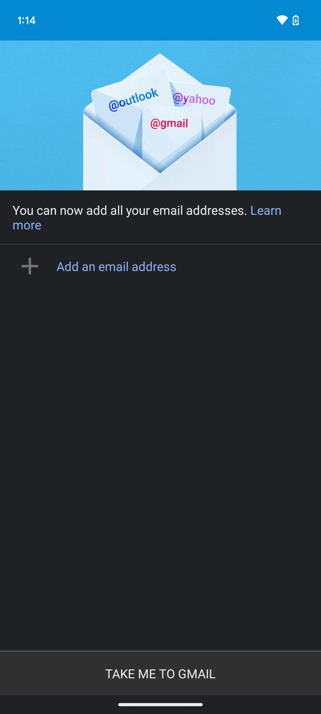Ảnh chụp màn hình ứng dụng Gmail trên Android hiển thị tùy chọn thêm địa chỉ email.