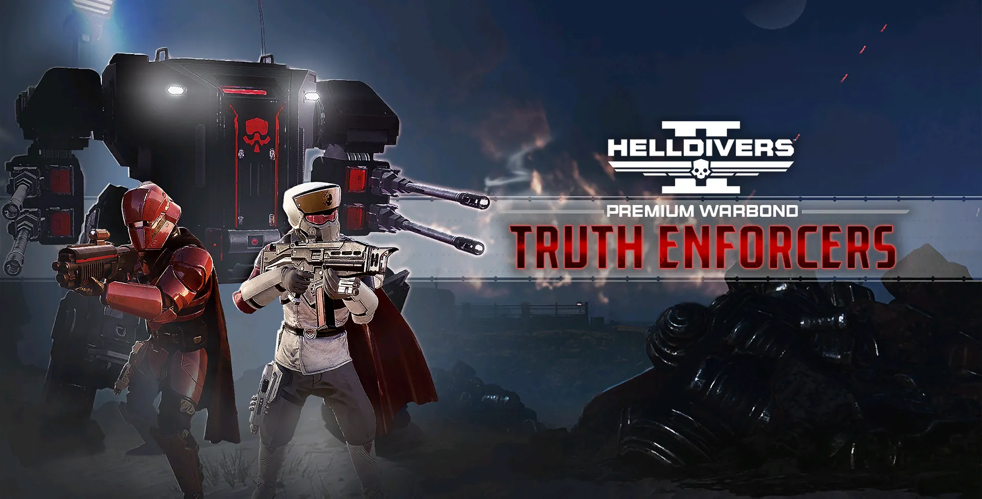 Ảnh minh họa Warbond Truth Enforcers trong Helldivers 2, với các vũ khí được thiết kế mạnh mẽ và hiện đại.