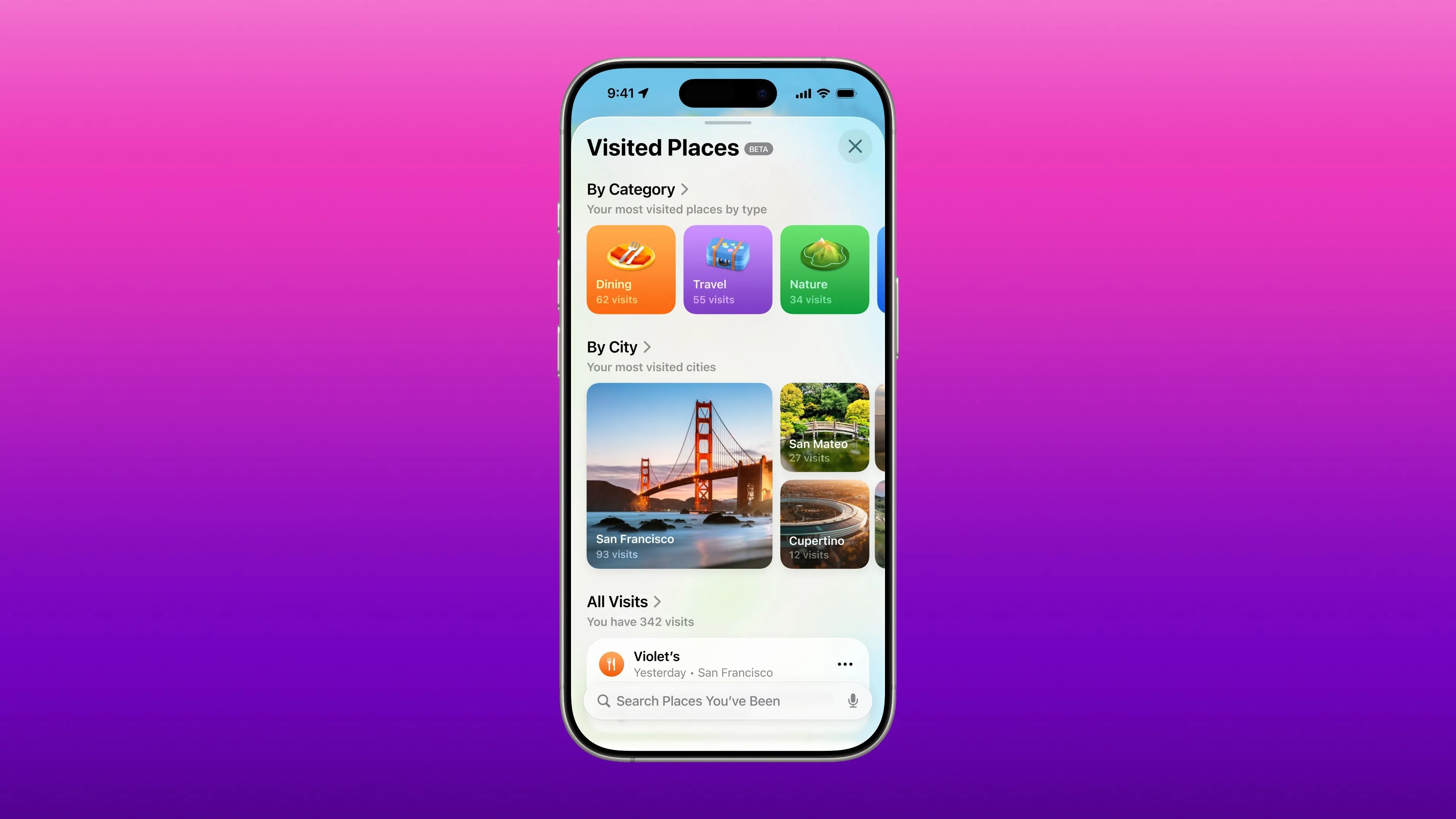 Apple Maps trên iPhone hiển thị phần 'Địa Điểm Đã Ghé Thăm' của iOS 26, tự động lưu trữ và ghi nhớ các địa điểm đã đi qua.