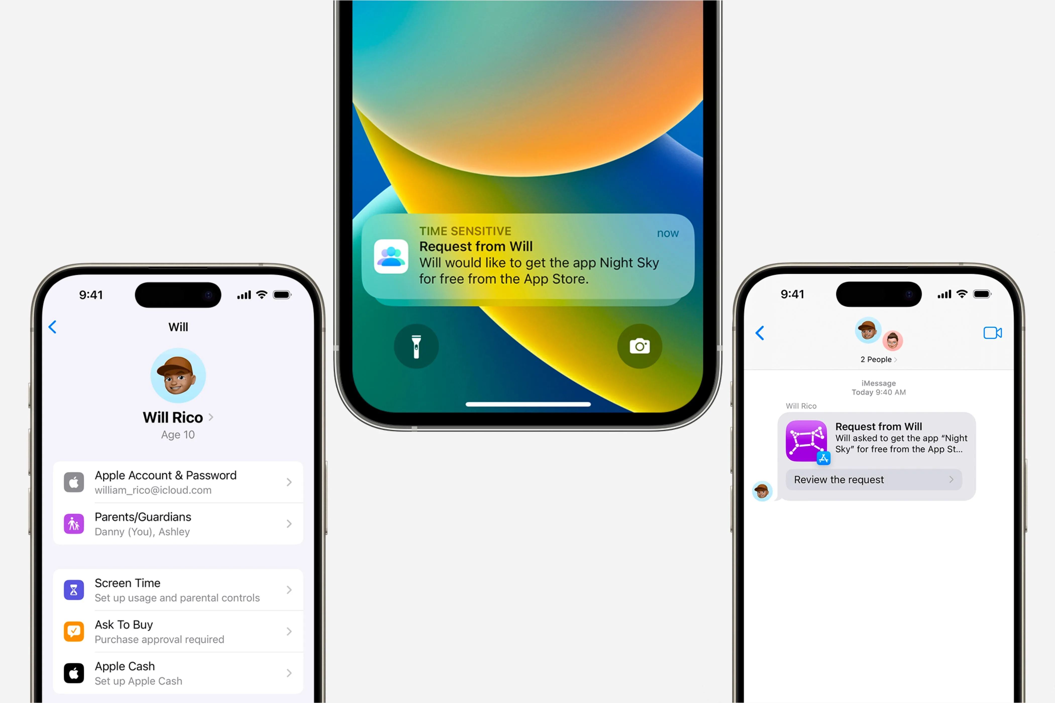 Ask to Buy notifications and option in settings being shown on three different iPhones in front of a light grey background.