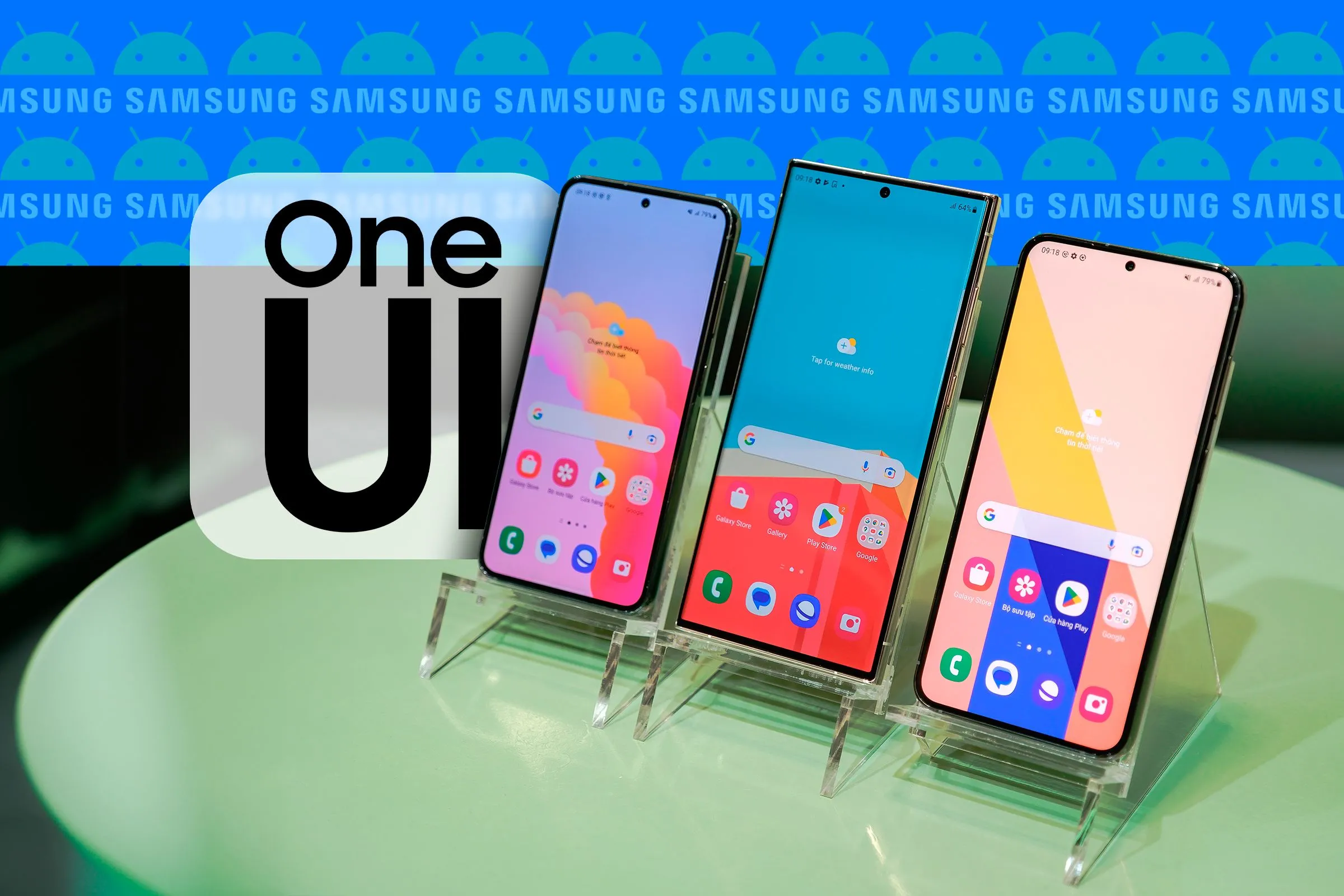 Ba chiếc điện thoại Samsung Galaxy chạy One UI được đặt cạnh nhau, minh họa cho danh sách thiết bị nhận cập nhật Android 16