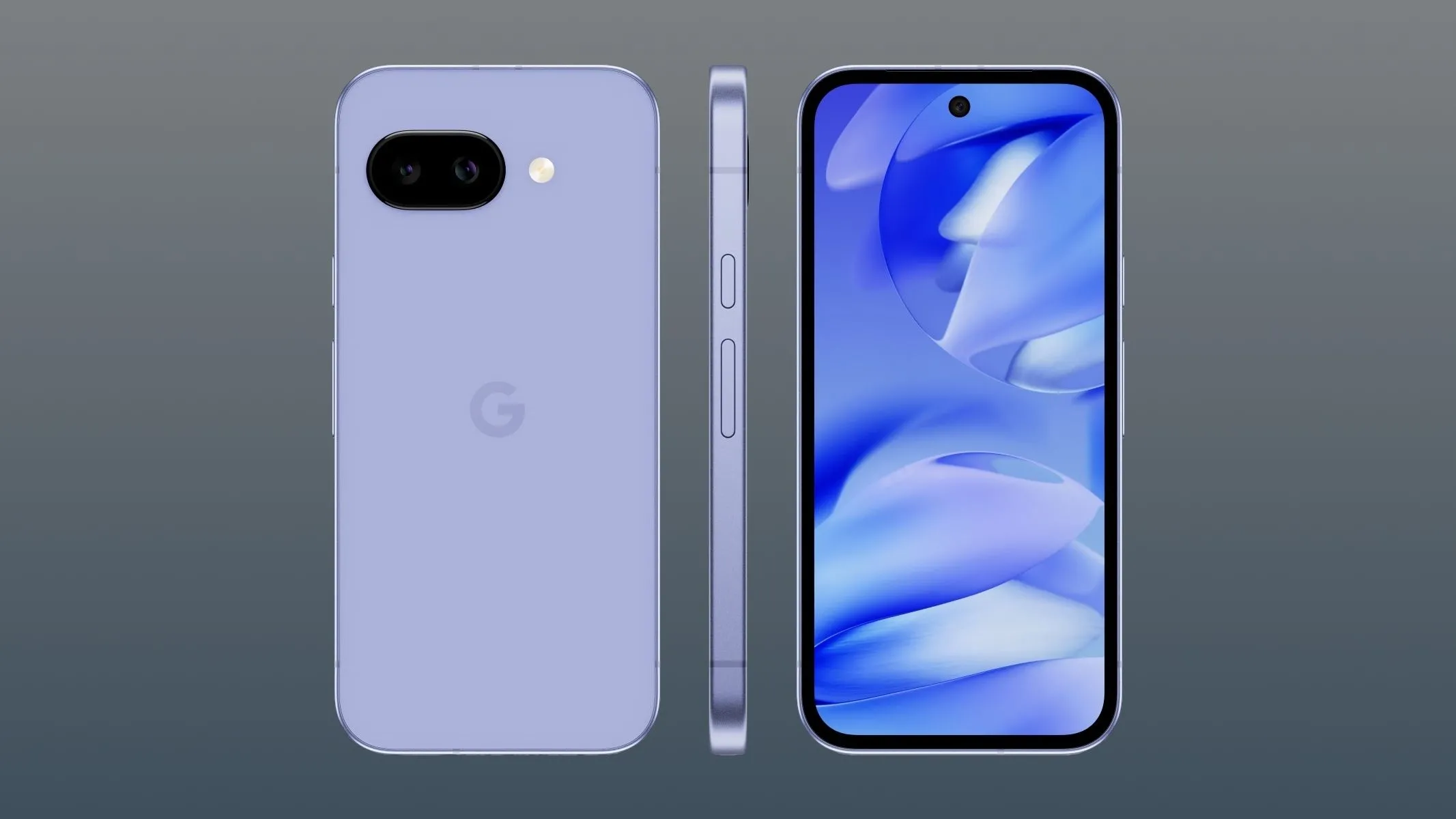 Ba chiếc Google Pixel 9a hiển thị mặt trước, mặt sau và cạnh bên, làm nổi bật thiết kế màn hình.
