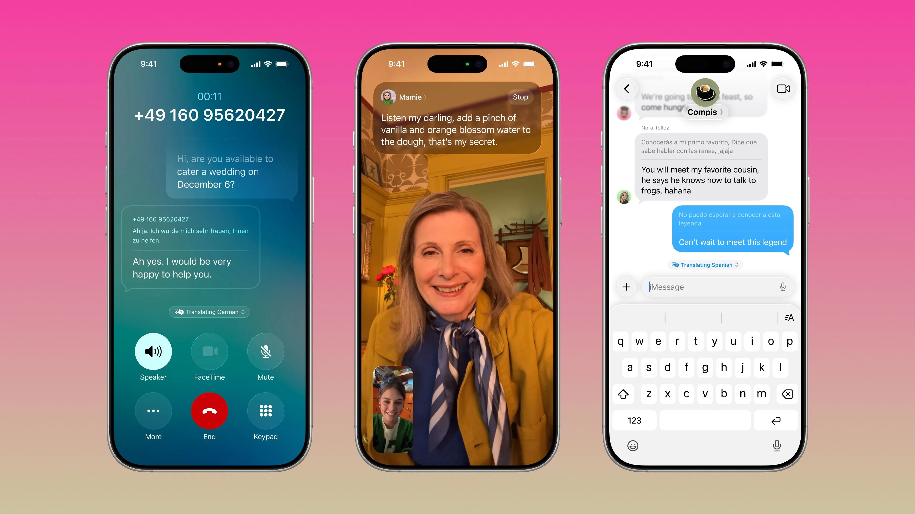Ba chiếc iPhone hiển thị tính năng dịch trực tiếp trong Điện thoại, FaceTime và Tin nhắn của iOS 26, minh họa khả năng dịch thuật đa nền tảng.
