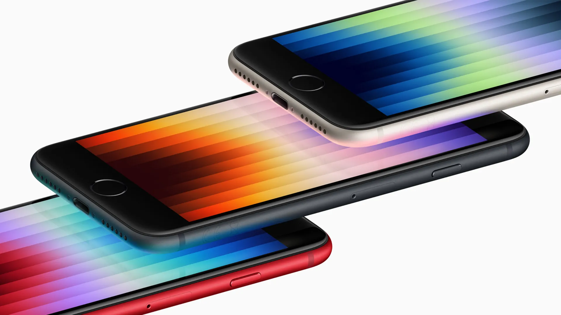 Ba chiếc iPhone SE thế hệ thứ ba màu sắc khác nhau xếp chồng lên nhau, nhấn mạnh thiết kế cũ với nút Home.