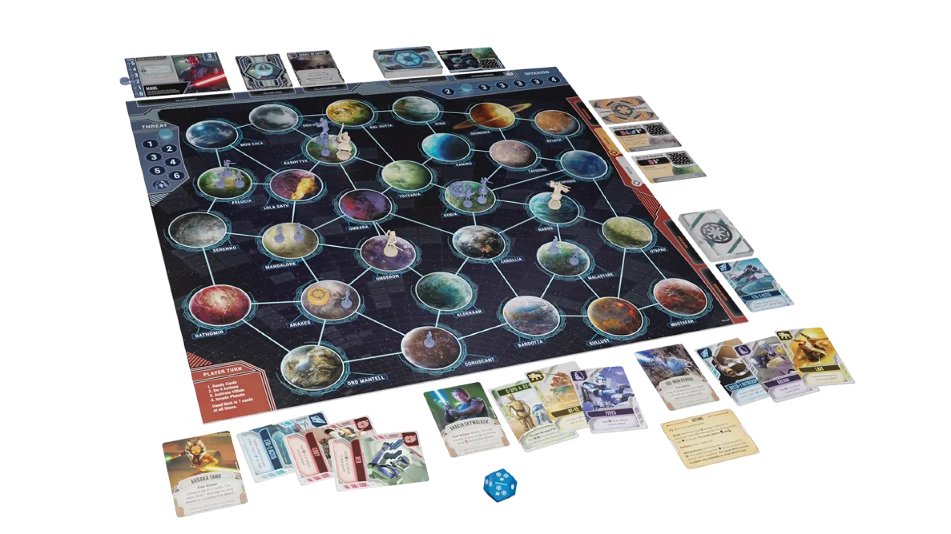 Bàn chơi game Star Wars The Clone Wars Board Game với các quân cờ, thẻ bài và mô hình Jedi đang chiến đấu chống lại droid.