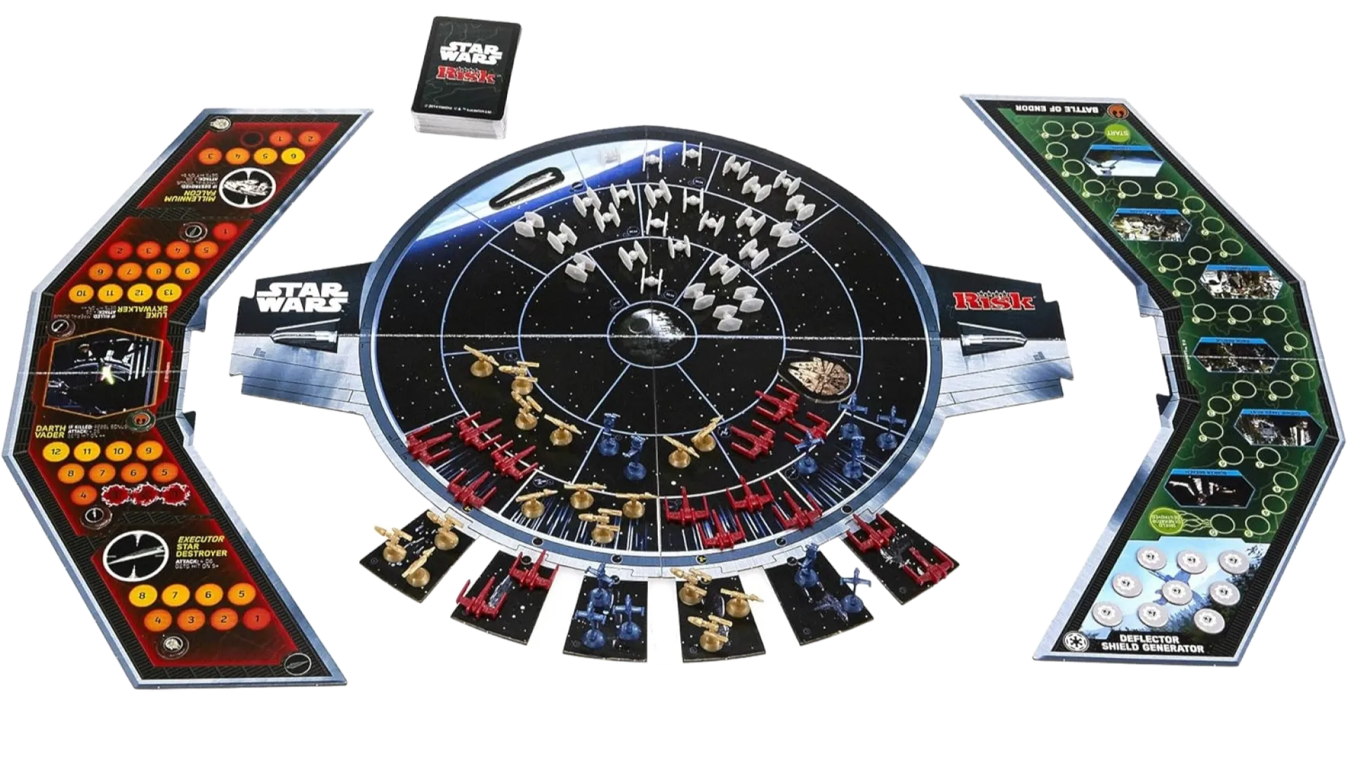 Bàn chơi Risk Star Wars Edition tái hiện trận chiến cuối cùng trong Episode VI, với các quân cờ đại diện cho phe Đế chế và Nổi dậy trên Death Star và Endor.