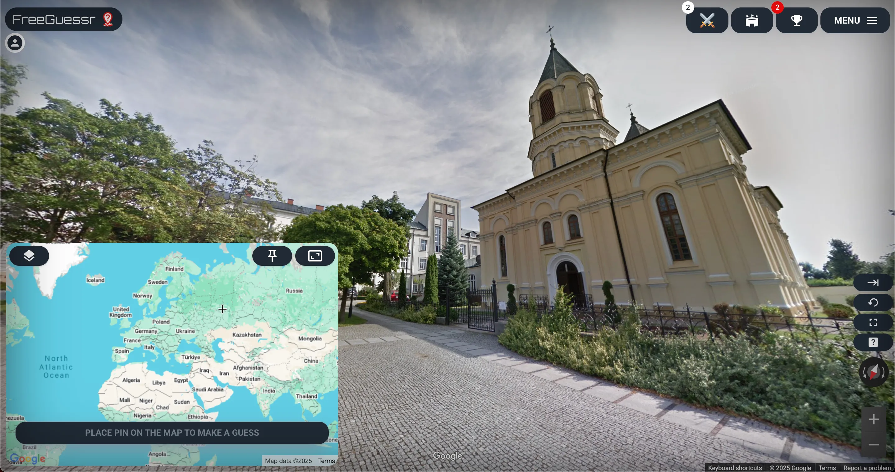 Bản đồ Street View trong FreeGuessr hiển thị một địa điểm ngẫu nhiên để người chơi đoán vị trí