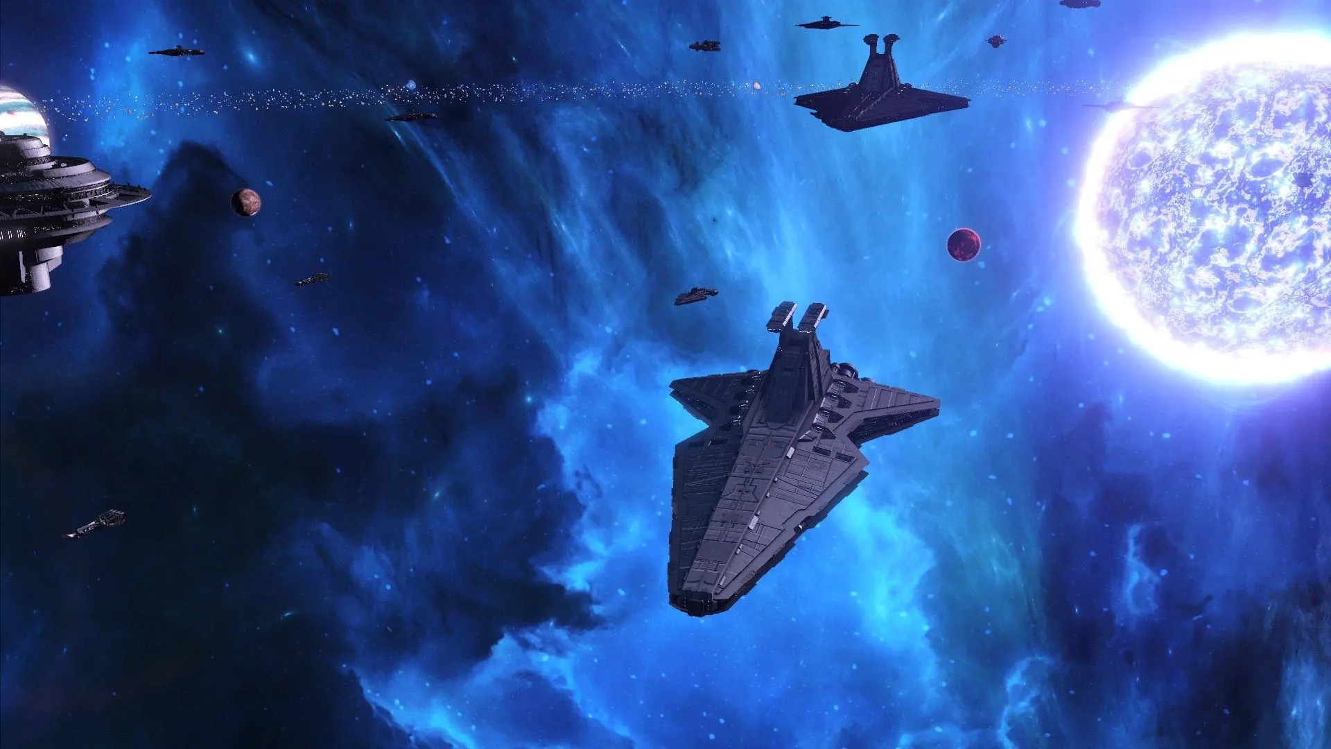 Bản đồ thiên hà rộng lớn của Stellaris với giao diện và chủng tộc Star Wars, thể hiện chiều sâu của mod New Dawn.