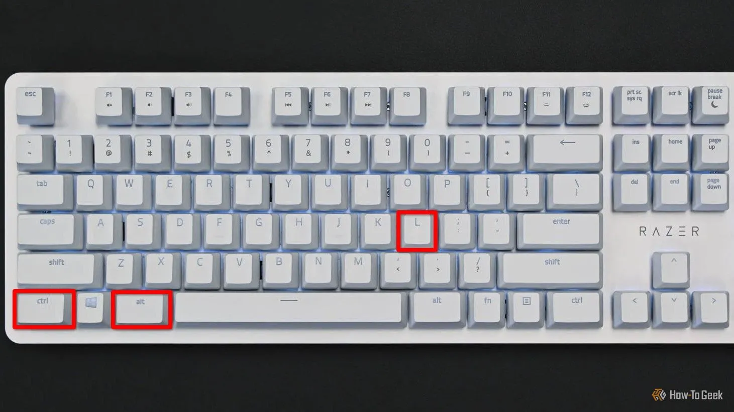 Bàn phím làm nổi bật phím Ctrl, Alt và L dùng để khóa màn hình KDE Plasma